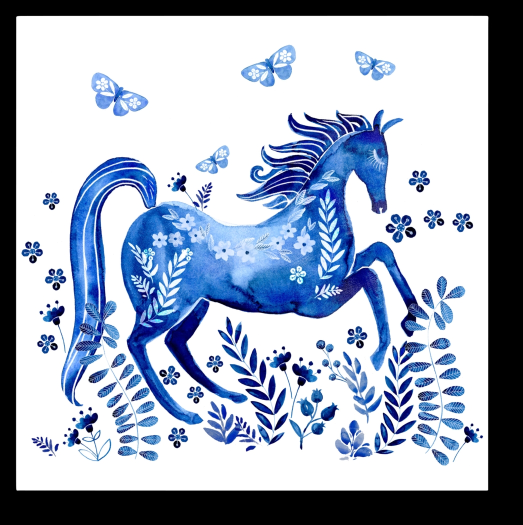 Kids Horse in Blue White Artwork - Thumbnail - Image 1