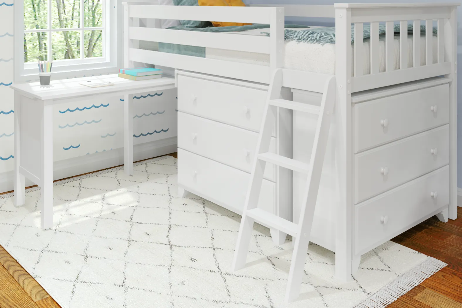 Kids Irenka I White Twin Loft Bed with Pull-Out Desk & Dresser - Thumbnail - Image 2