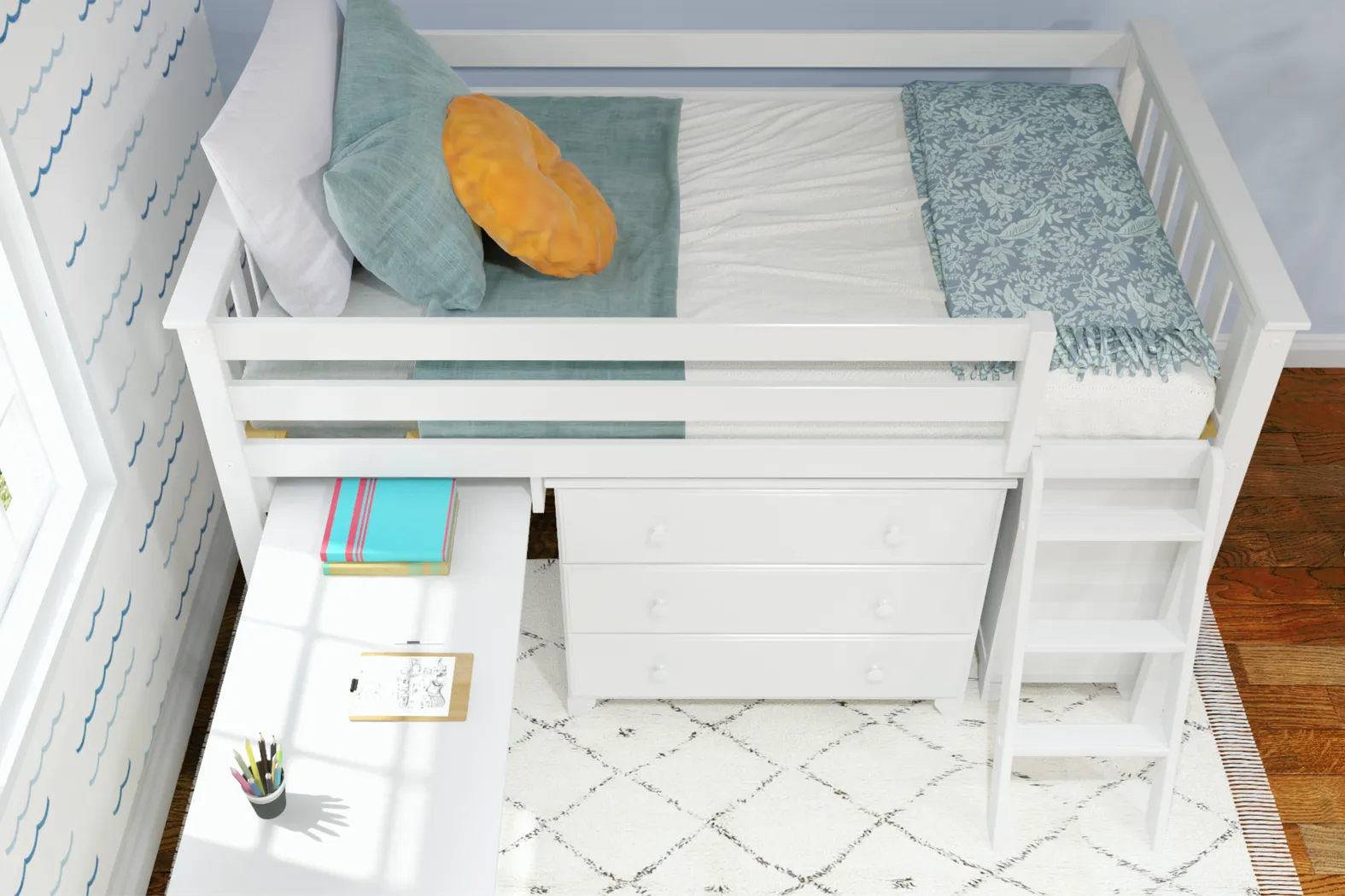 Kids Irenka I White Twin Loft Bed with Pull-Out Desk & Dresser - Thumbnail - Image 4