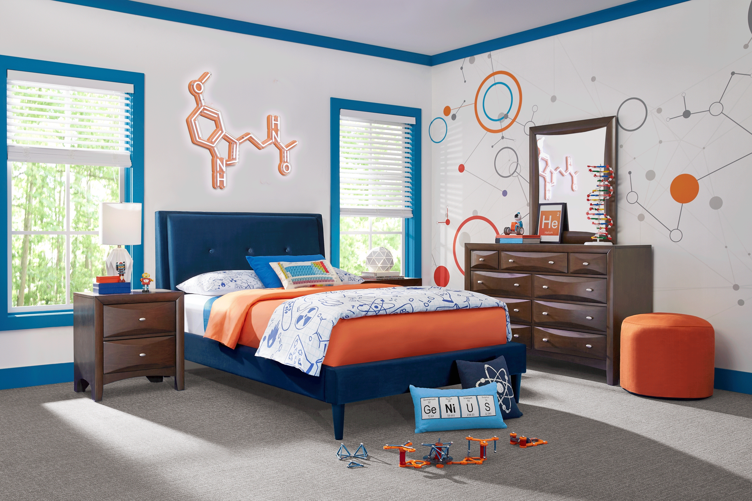 Kids Ivy League 2.0 Walnut Bedroom with Jaidyn Blue Twin Upholstered Bed - Thumbnail - Image 1