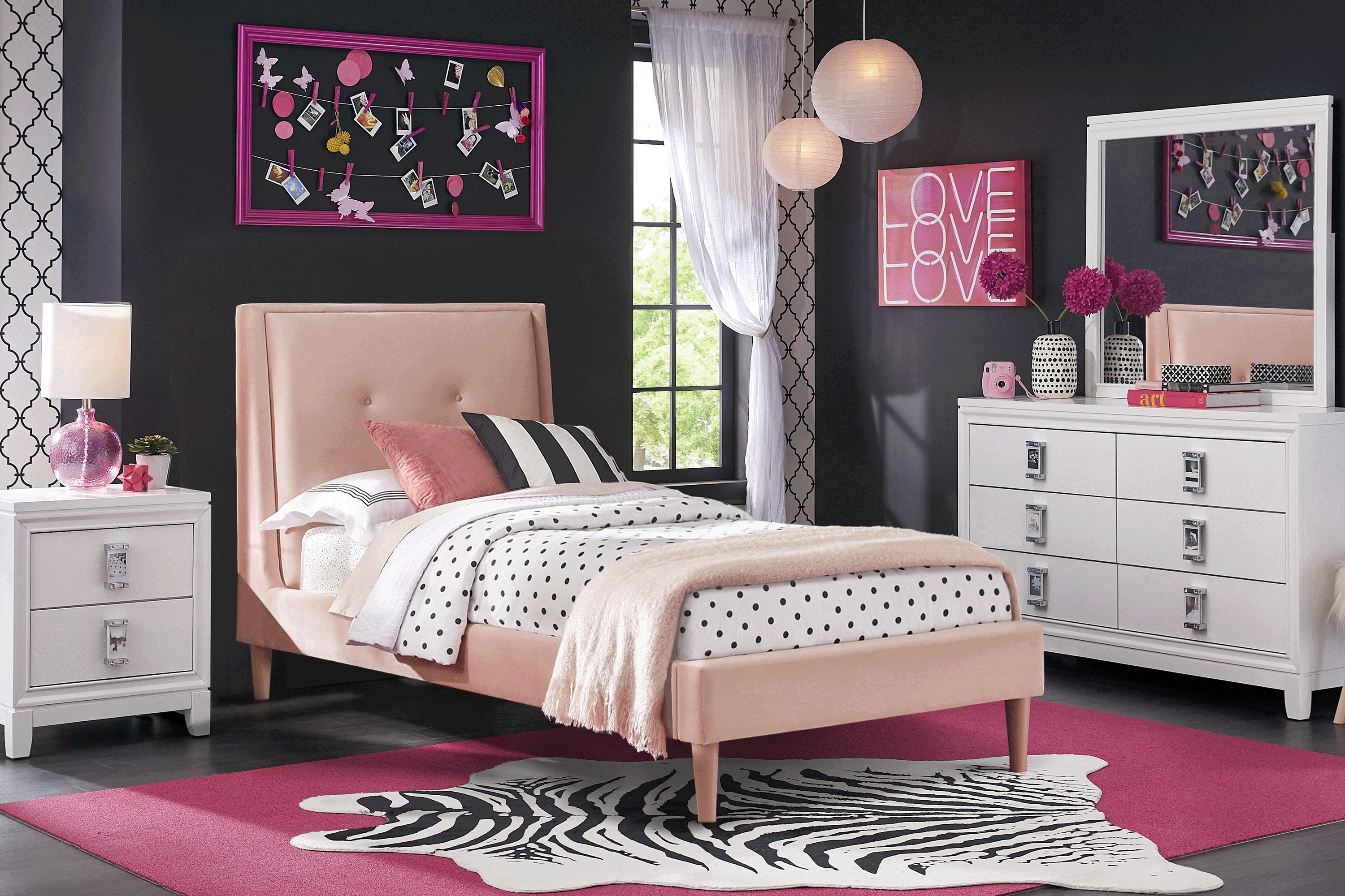 Kids Juno White 5 Pc Bedroom with Jaidyn Pink Twin Upholstered Bed - Thumbnail - Image 1