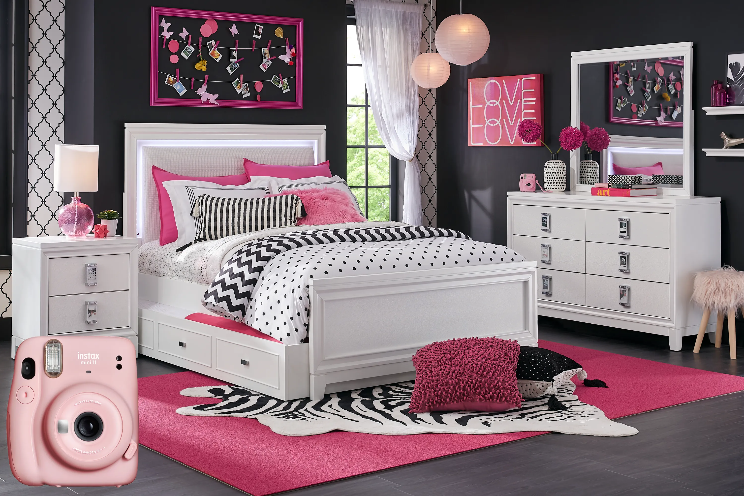 Kids Juno White 5 Pc Full Lighted Upholstered Bedroom with Fujifilm Instax Camera - Thumbnail - Image 1