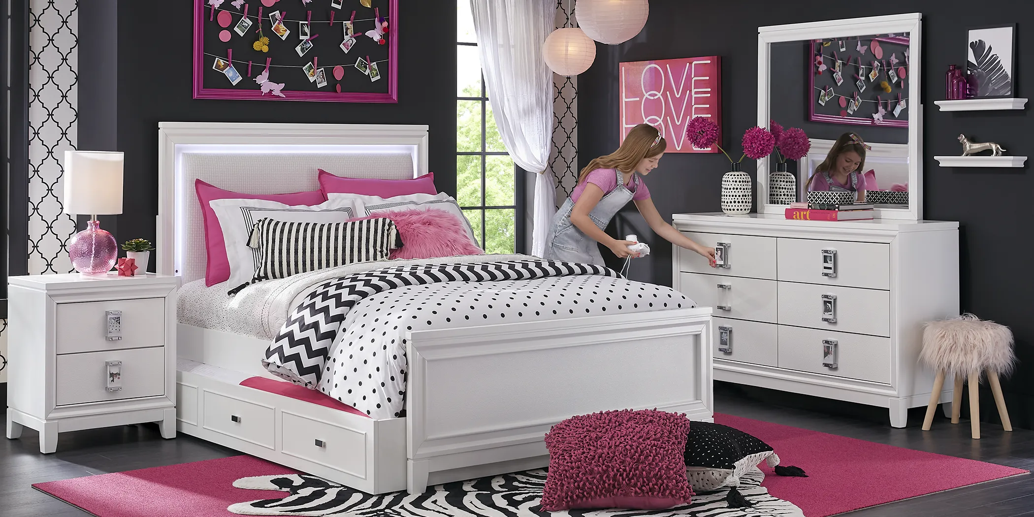 Kids Juno White 5 Pc Twin Lighted Upholstered Bedroom with Fujifilm Instax Camera - Thumbnail - Image 2