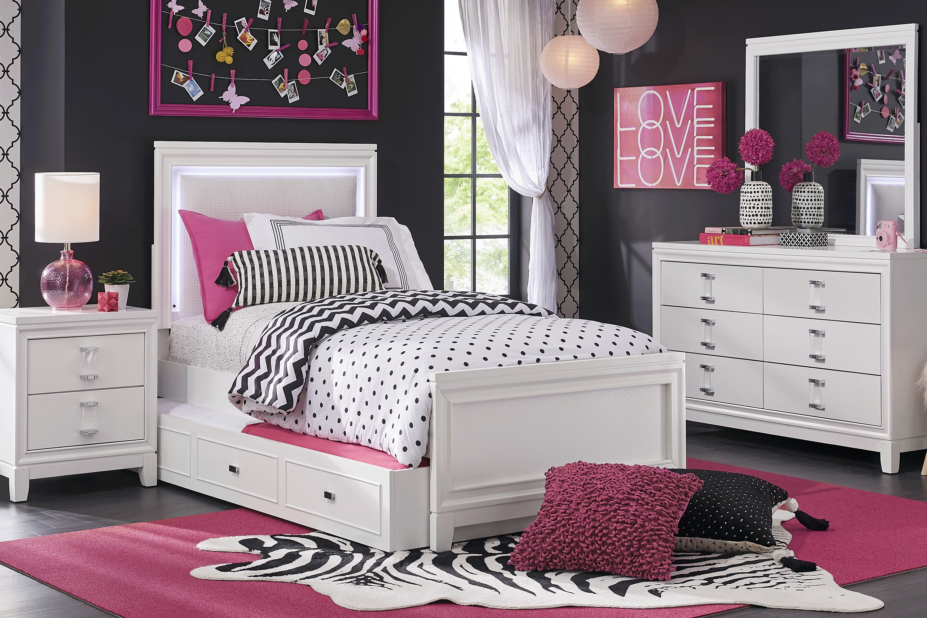 Kids Juno White Twin Upholstered Bedroom with LED Lights - Thumbnail - Image 1