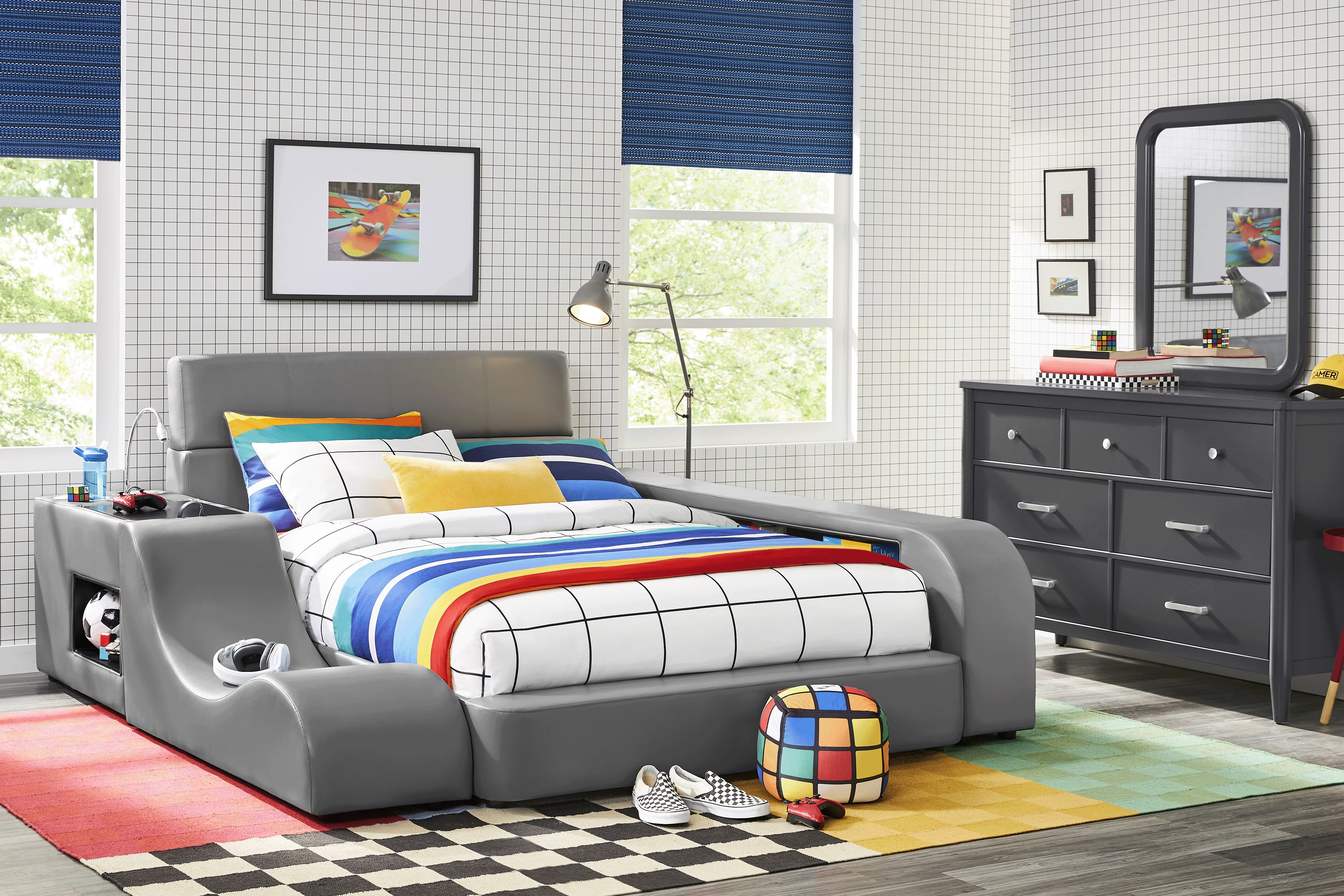 DRESSER, MIRROR & TWIN RECHARGED BED W/ NIGHTSTAND, LOUNGER & BOOKCASE - Thumbnail - Image 1