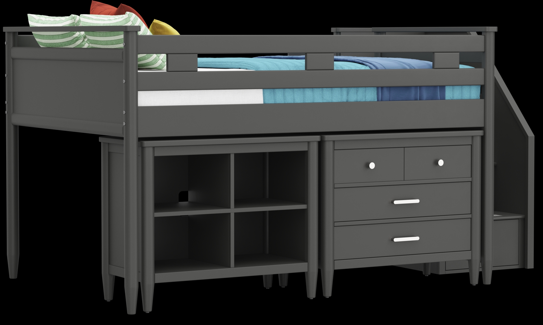 Kids Modern Colors Iron Ore Full Step Loft with Loft Chest and Bookcase - Thumbnail - Image 1