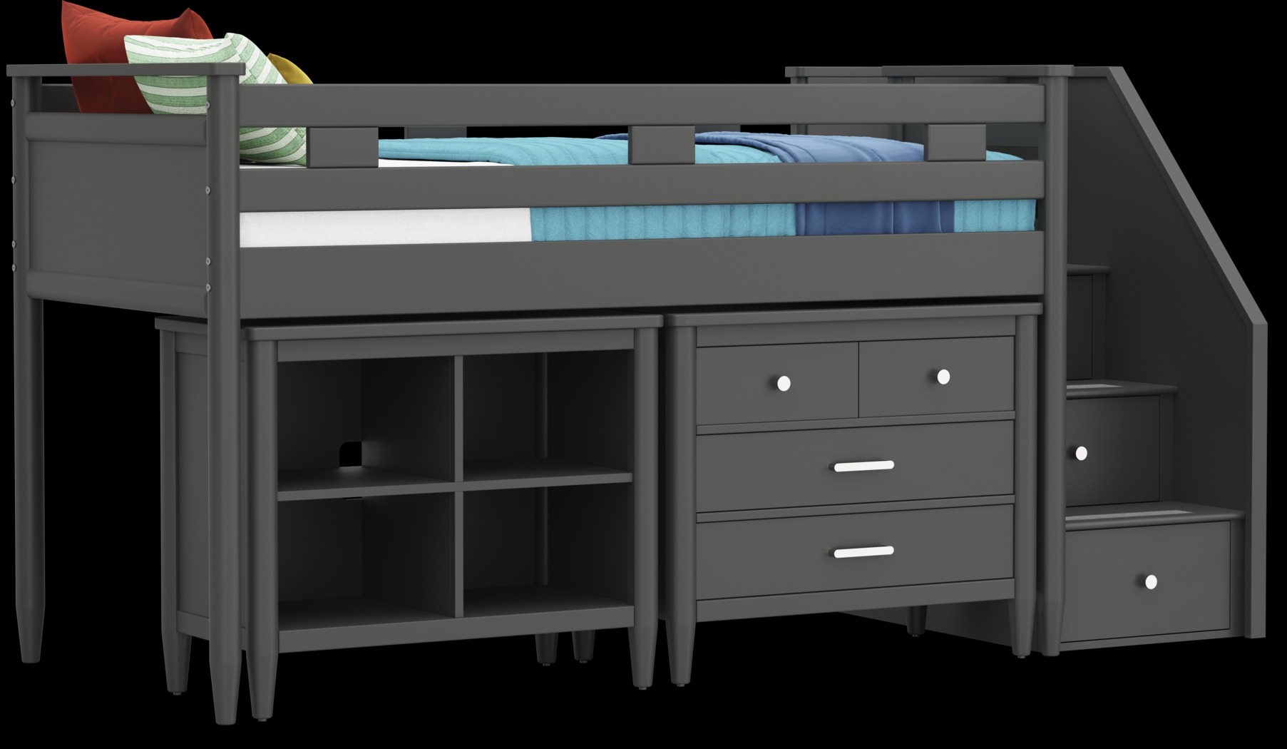 Kids Modern Colors Iron Ore Twin Step Loft with Loft Chest and Bookcase - Thumbnail - Image 1