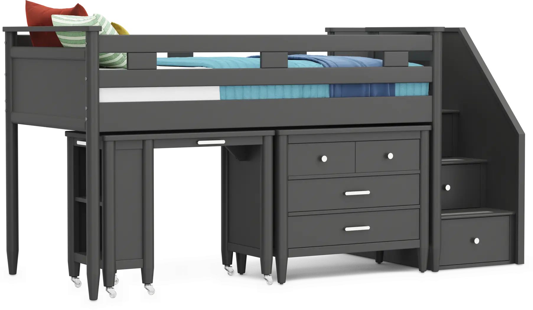 Kids Modern Colors Iron Ore Twin Step Loft with Loft Chest and Desk - Thumbnail - Image 1