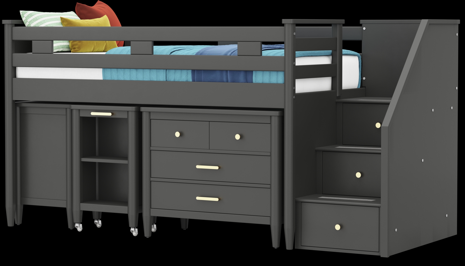Kids Modern Colors Iron Ore Twin Step Loft with Loft Chest, Bookcase and Desk - Thumbnail - Image 3