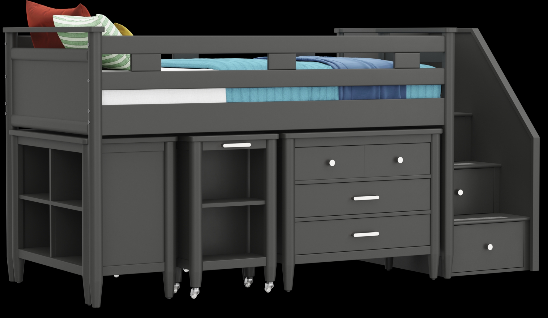 Kids Modern Colors Iron Ore Twin Step Loft with Loft Chest, Bookcase and Desk - Thumbnail - Image 1