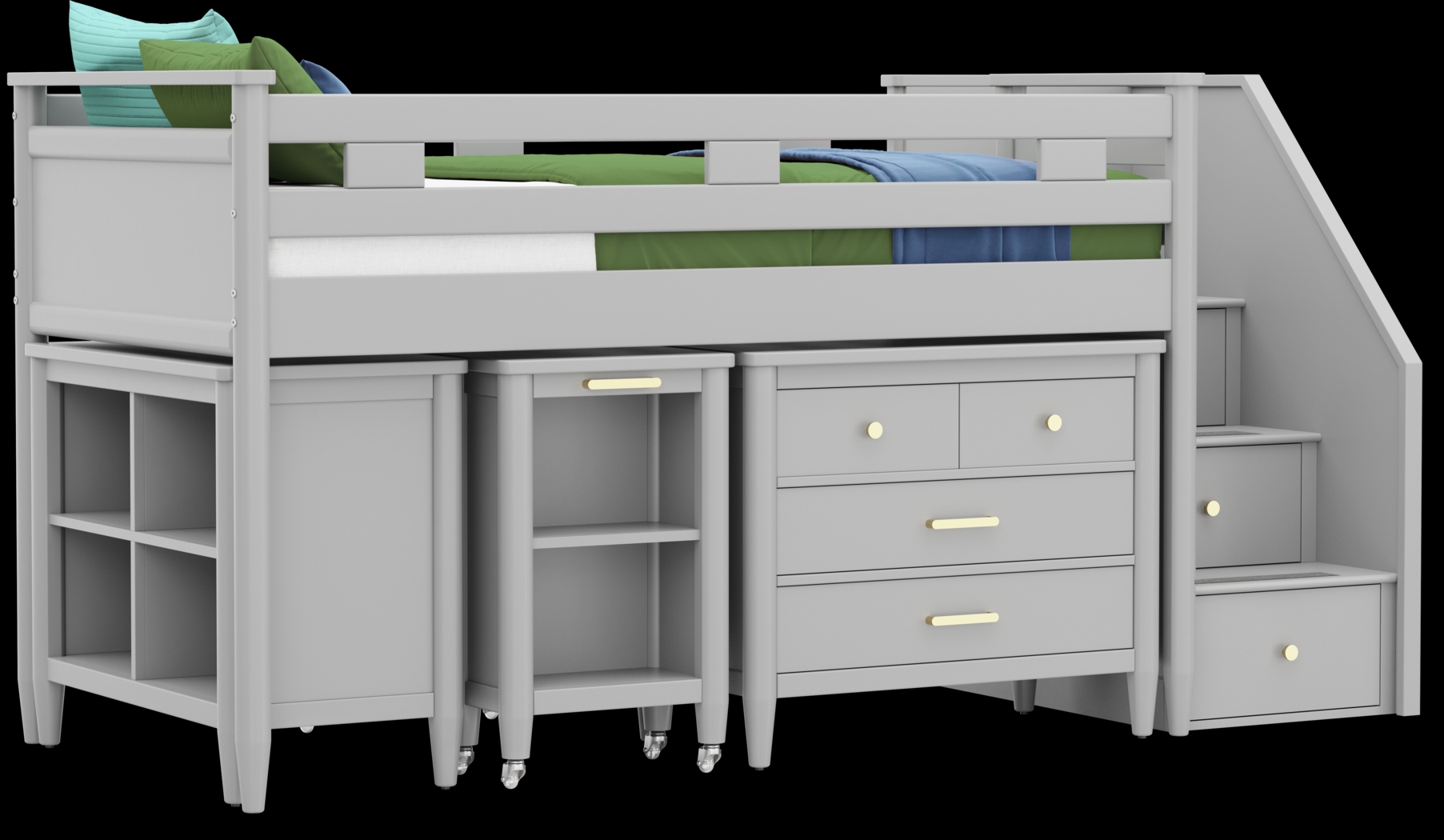 Kids Modern Colors Light Gray Twin Step Loft with Loft Chest, Bookcase and Desk - Thumbnail - Image 1