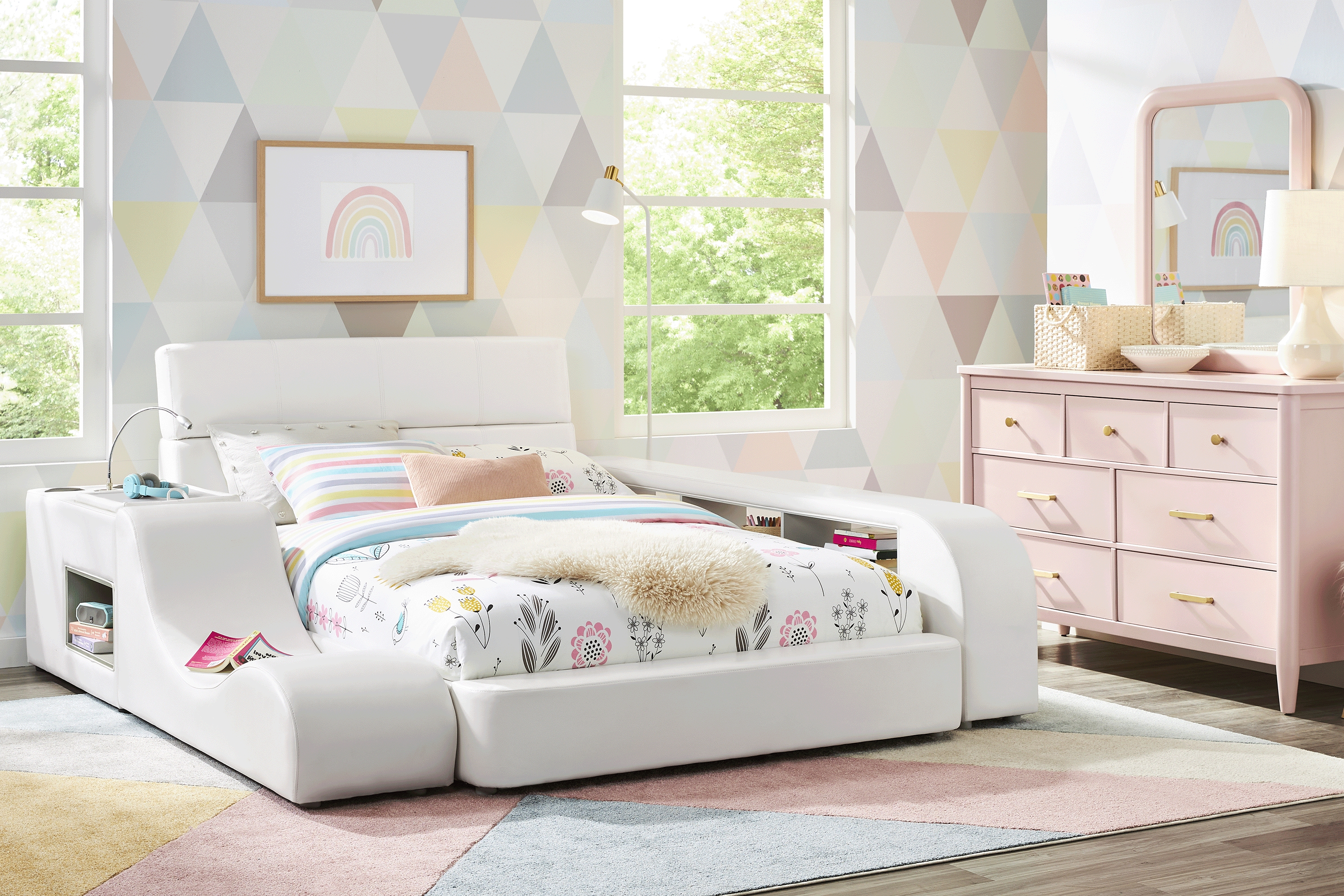 Kids Modern Colors Pink 8 Pc Bedroom with Recharged White Full Bed, Nightstand, Lounger, Bookcase - Thumbnail - Image 1