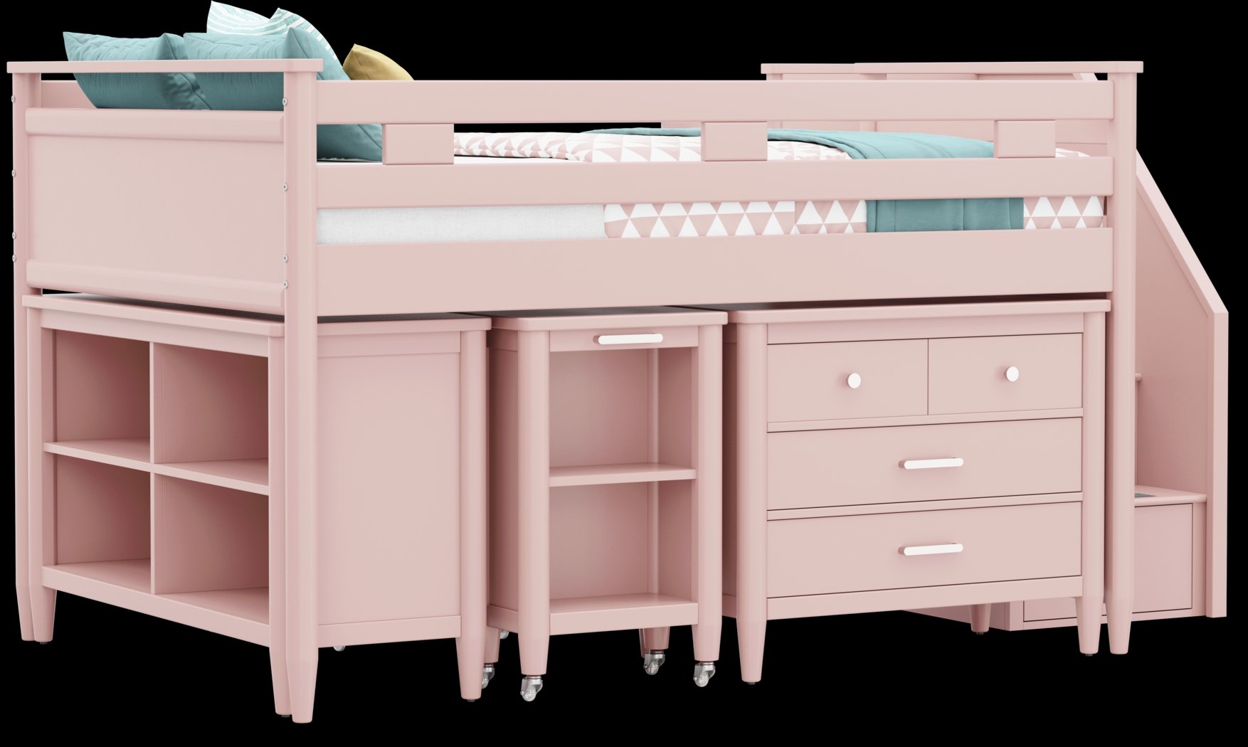 Kids Modern Colors Pink Full Step Loft with Loft Chest, Bookcase and Desk - Thumbnail - Image 1
