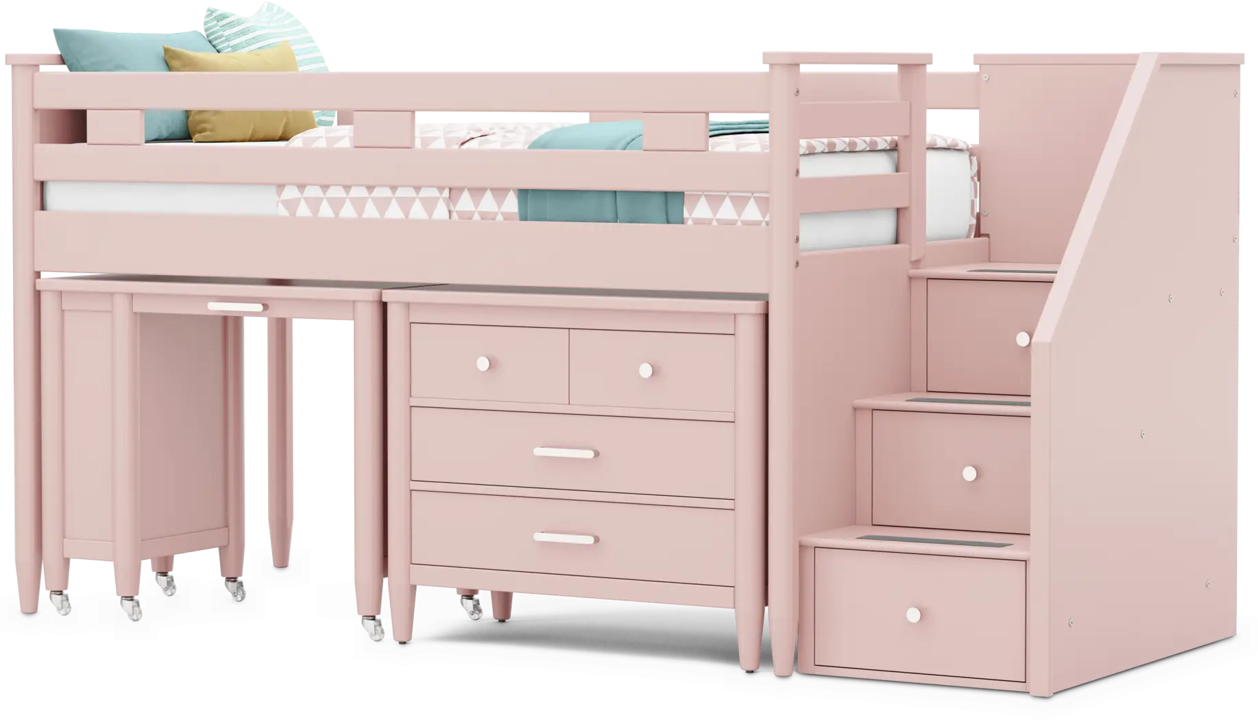 Kids Modern Colors Pink Twin Step Loft with Loft Chest and Desk - Thumbnail - Image 1