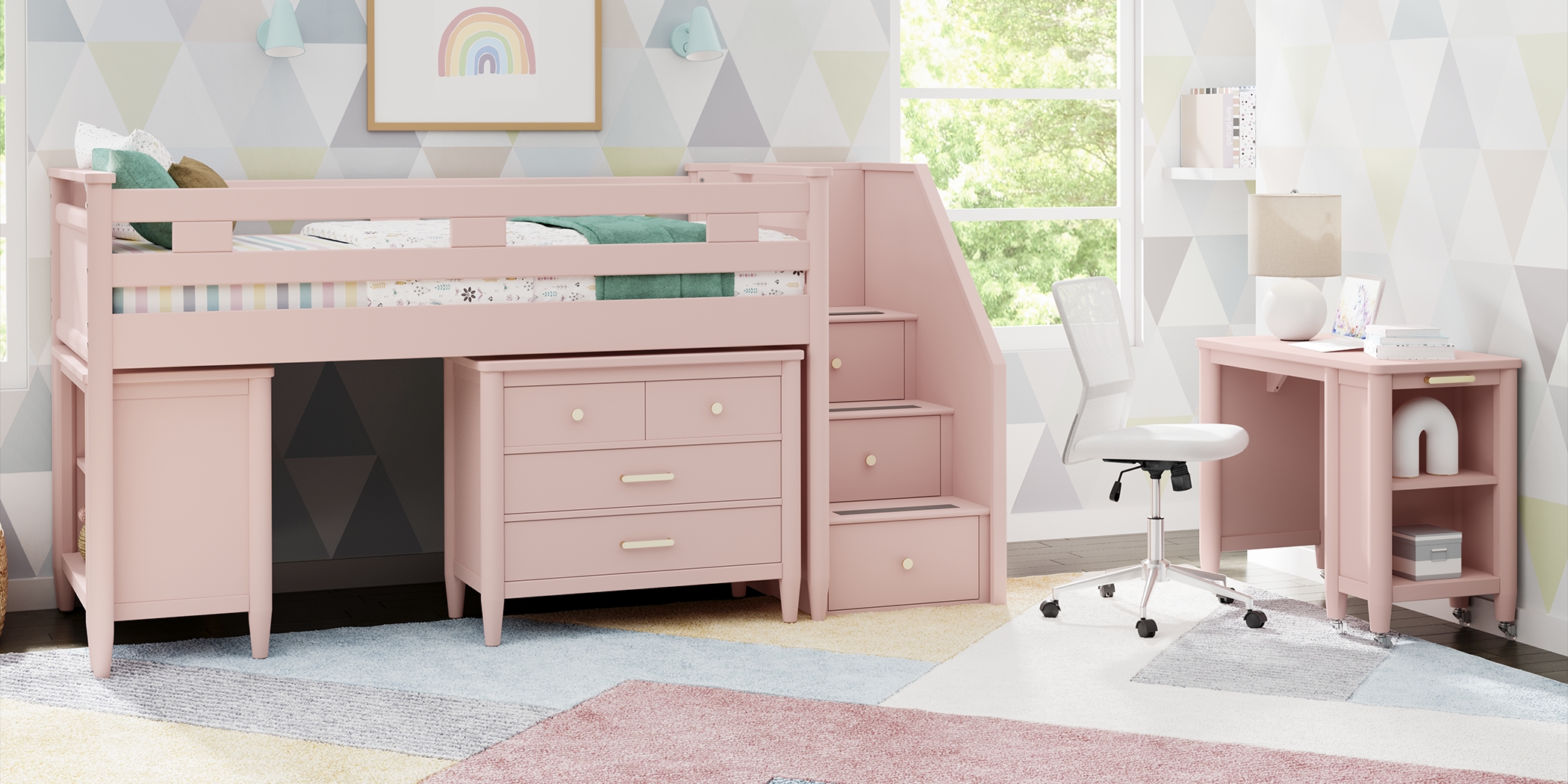 Kids Modern Colors Pink Twin Step Loft with Loft Chest, Bookcase and Desk - Thumbnail - Image 3