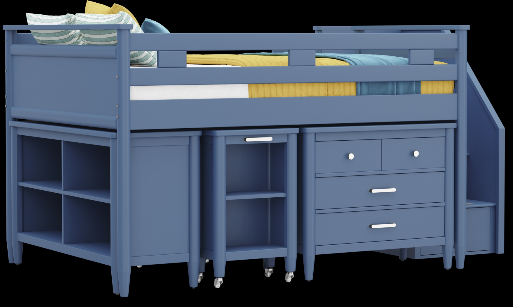 Kids Modern Colors Slate Blue Full Step Loft with Loft Chest, Bookcase and Desk - Thumbnail - Image 1