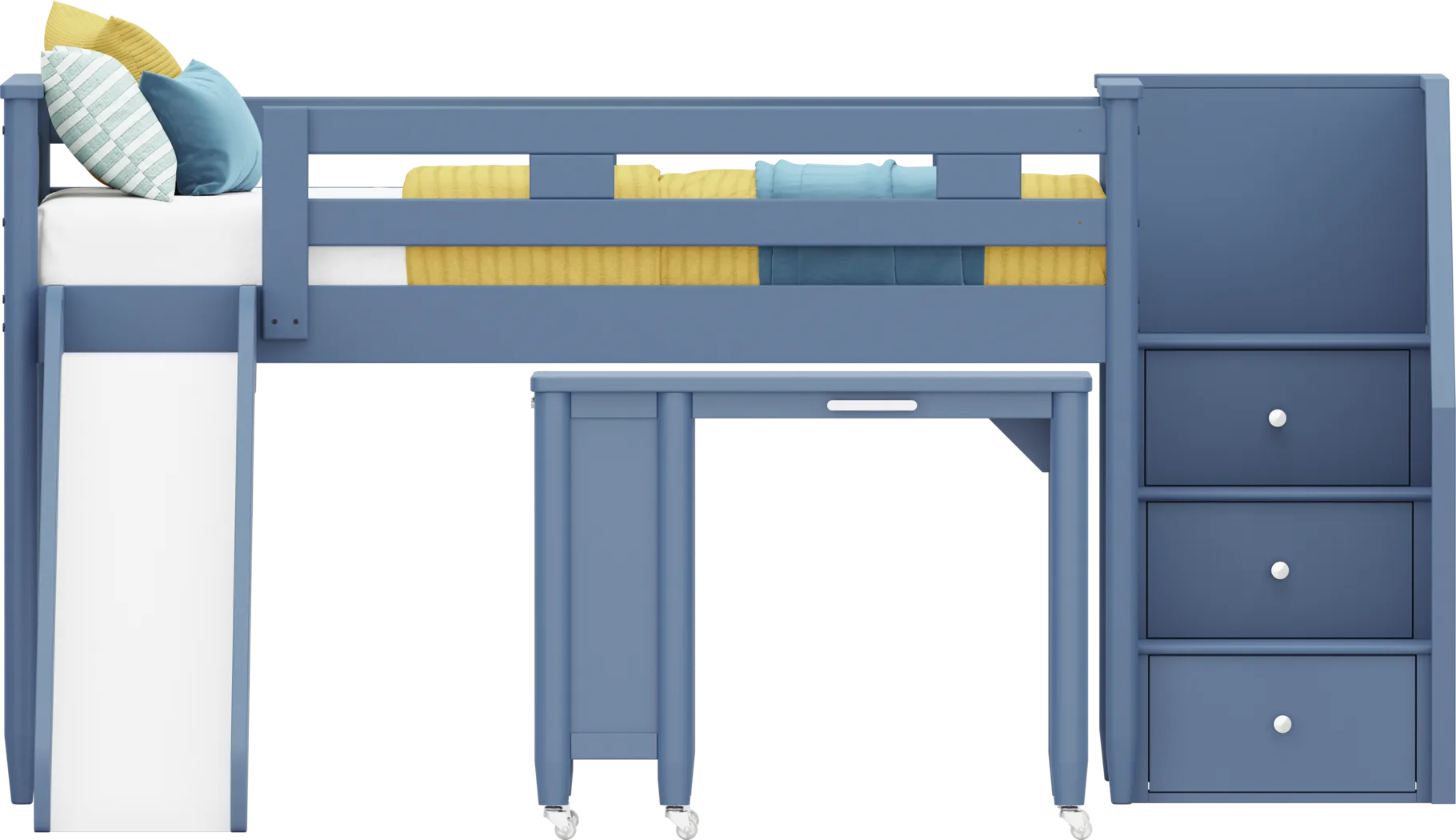 Kids Modern Colors Slate Blue Twin Step Loft with Slide and Desk - Image 1