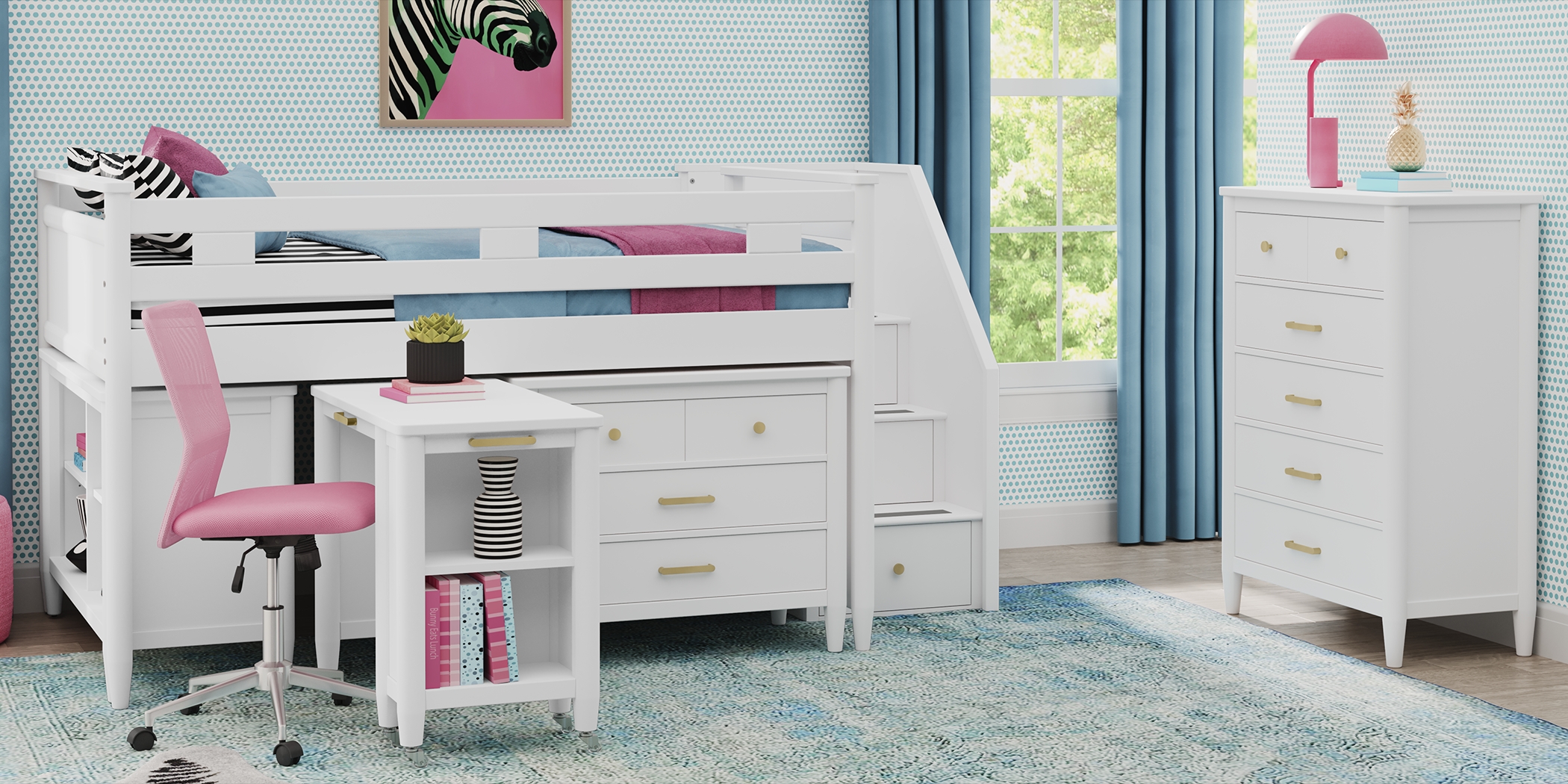 Kids Modern Colors White Twin Step Loft with Loft Chest, Bookcase and Desk - Thumbnail - Image 3