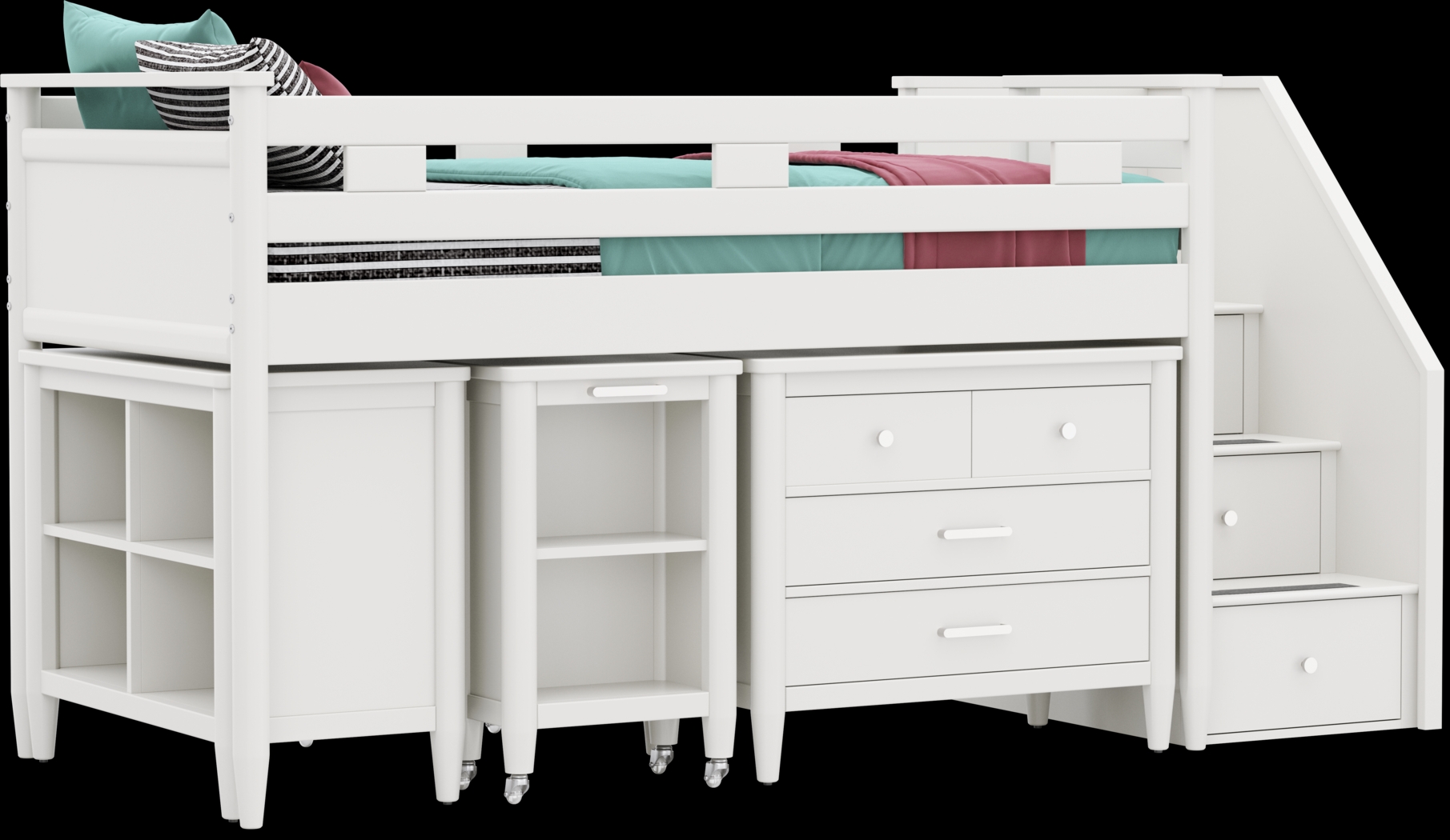 Kids Modern Colors White Twin Step Loft with Loft Chest, Bookcase and Desk - Thumbnail - Image 1