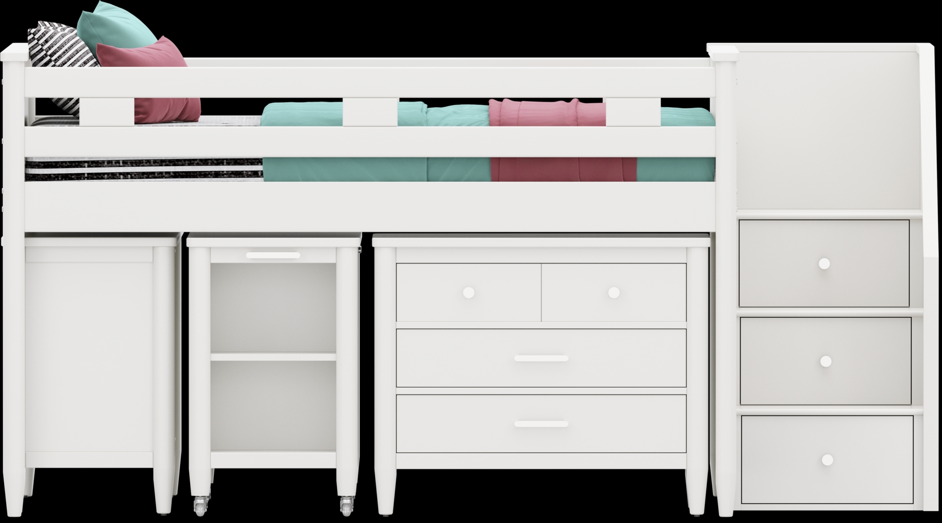Kids Modern Colors White Full Step Loft with Loft Chest, Bookcase and Desk - Thumbnail - Image 1