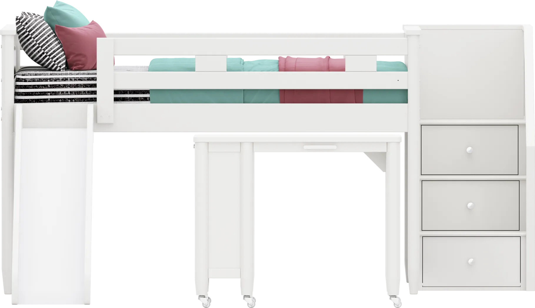 Kids Modern Colors White Full Step Loft with Slide and Desk - Image 1