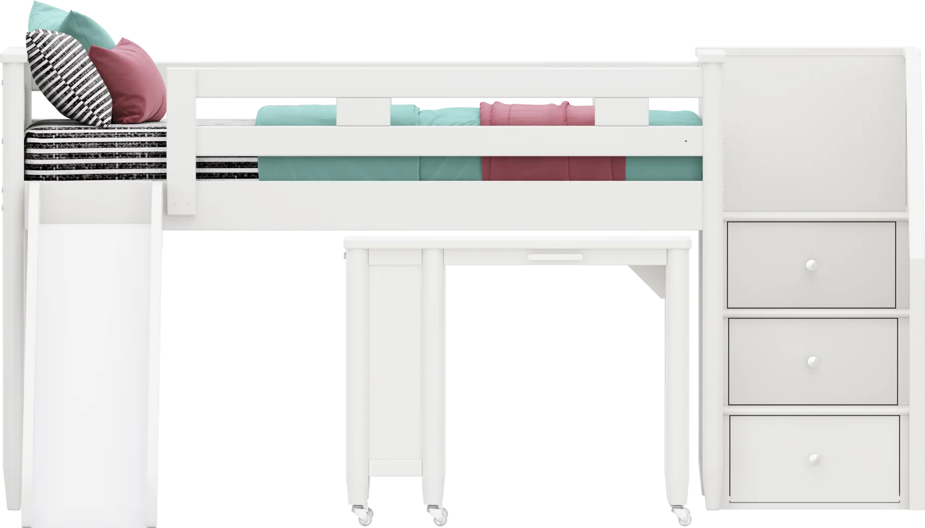 Kids Modern Colors White Twin Step Loft with Slide and Desk - Image 1