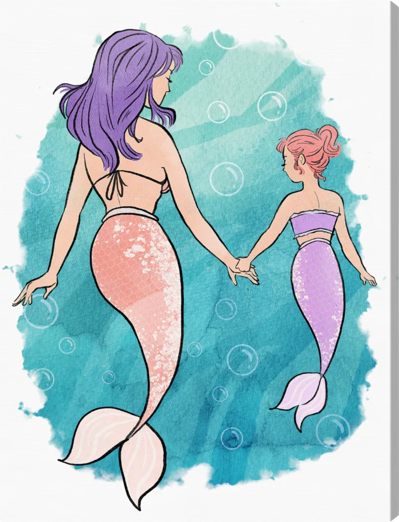 Kids Mommy and Me Mermaids Blue Small Wall Art - Thumbnail - Image 1