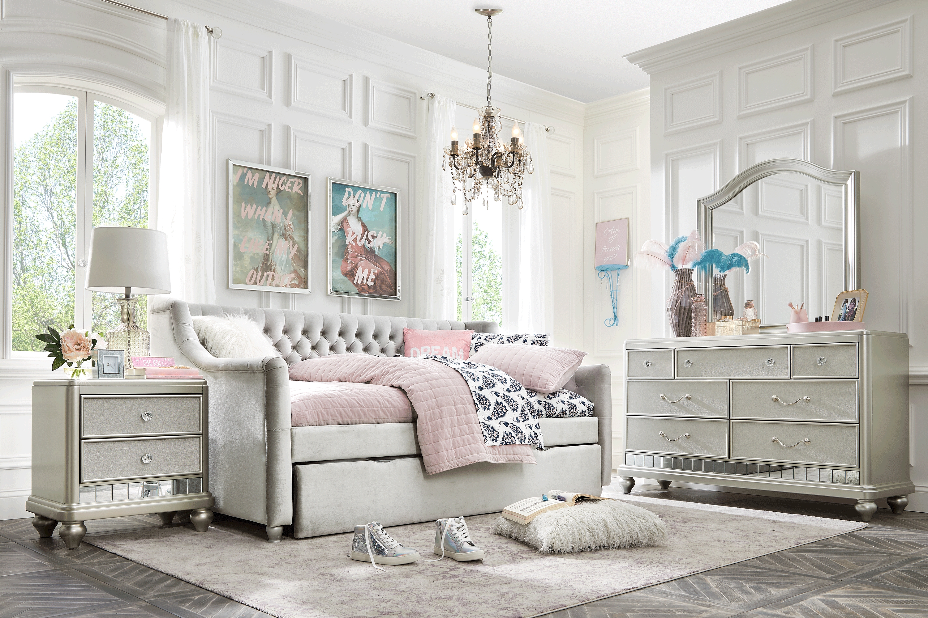 Kids Petit Paris Silver 5 Pc Twin Daybed Upholstered Bedroom - Thumbnail - Image 1