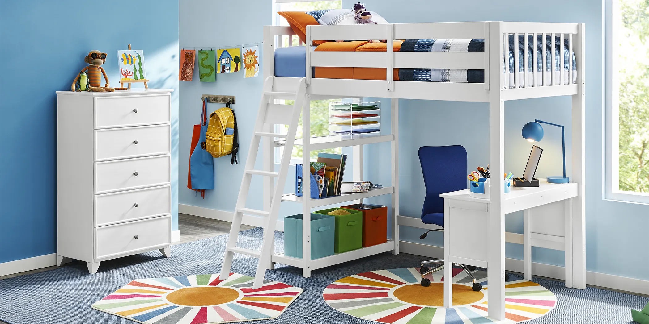 Kids Preston Place White Twin/Twin Loft Bedroom with Chest, Desk & Bookshelf - Thumbnail - Image 3