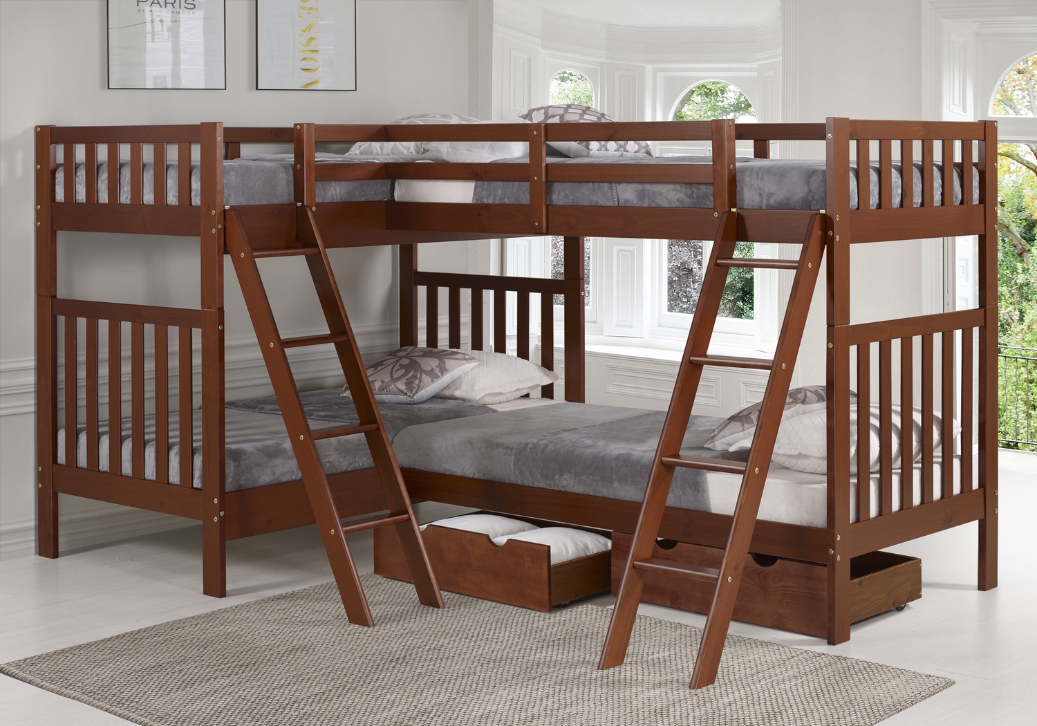Kids Romvern Chestnut Twin/Twin/Twin/Twin Bunk Bed with Storage - Thumbnail - Image 2