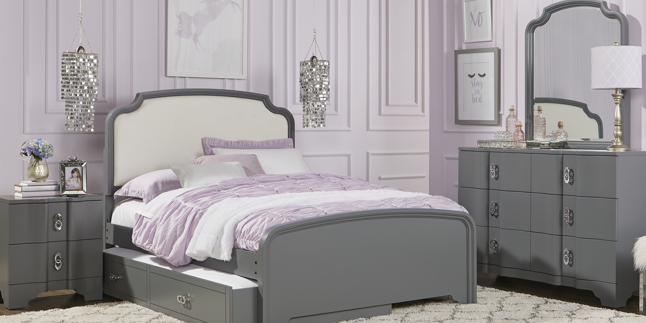 Kids Rylee Gray 4 Pc Twin Upholstered Bedroom with Twin Storage Trundle - Thumbnail - Image 1