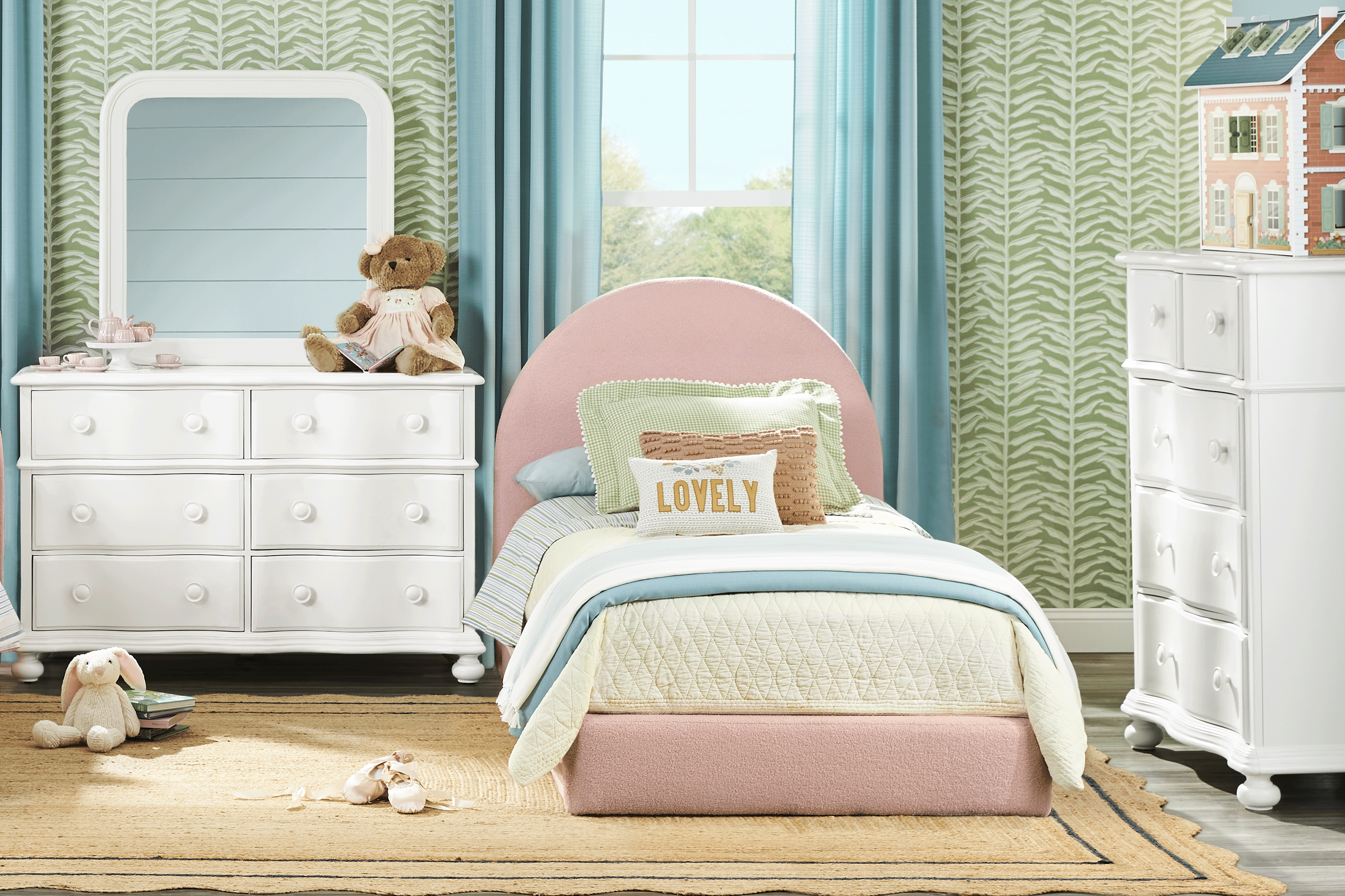 Kids San Simeon White Bedroom with Moonstone Pink Full Upholstered Bed - Thumbnail - Image 1