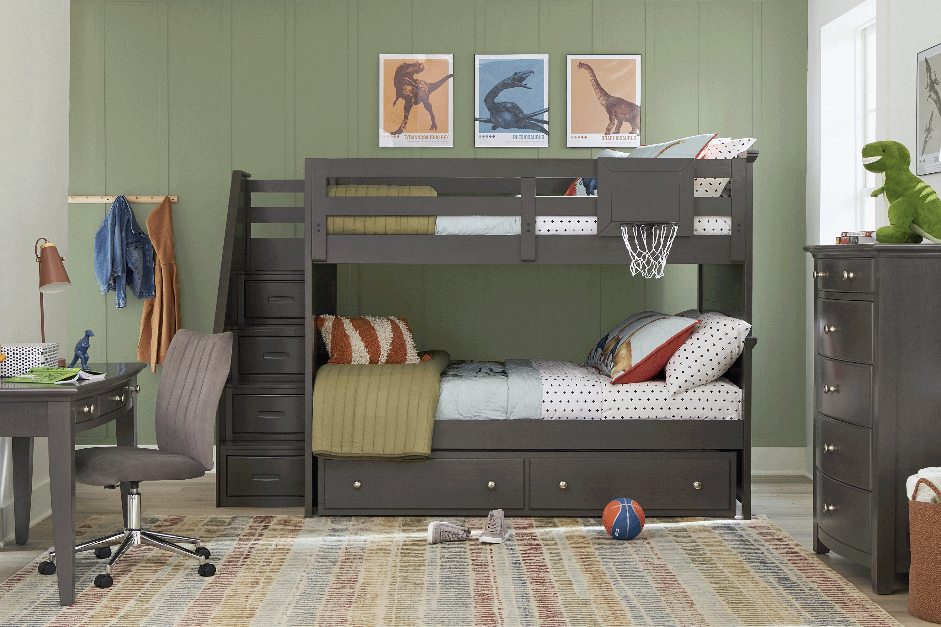 Kids Santa Cruz Gray Full/Full Step Bunk Bed with Basketball Hoop - Thumbnail - Image 2