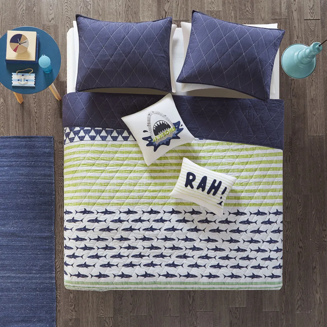 Kids Shark Mood Navy 4 Pc Twin Coverlet Set - Thumbnail - Image 1