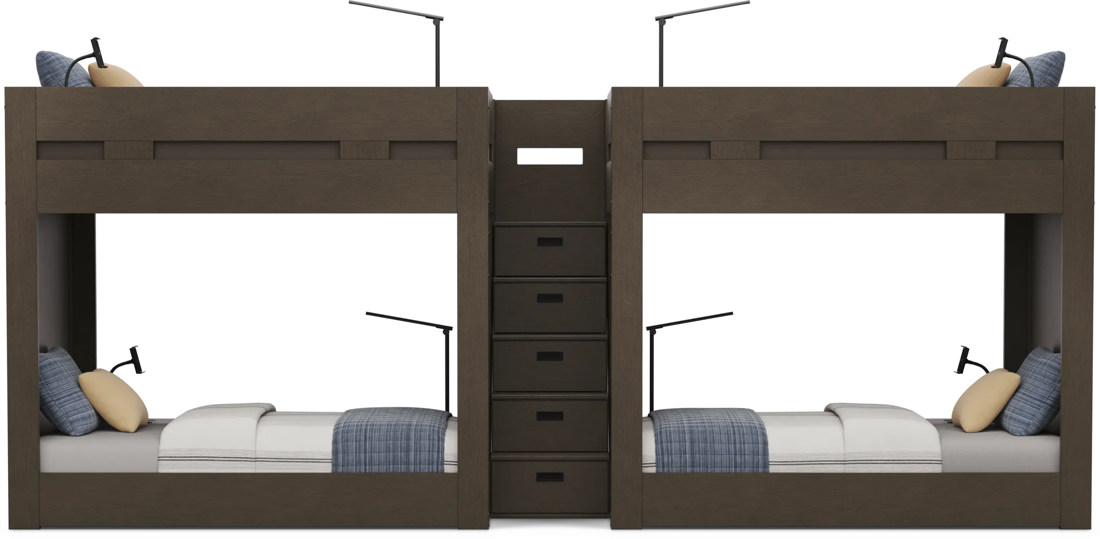 Kids Sierra Summit Brown Oak Twin/Twin Double Length Quad Step Bunk Bed with 4 Tech Consoles - Thumbnail - Image 2