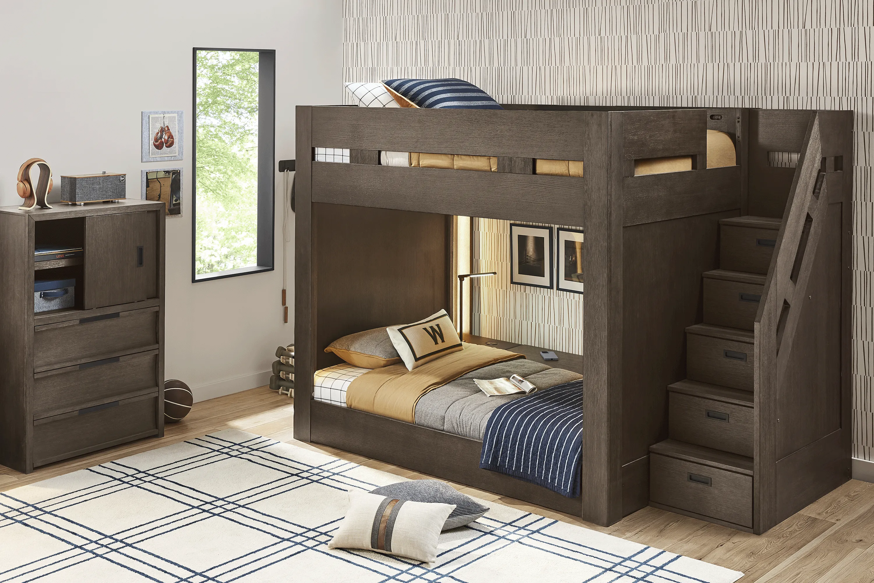 Kids Sierra Summit Brown Oak Twin/Full Step Bunk Bed with 1 Tech Console and 2 Closed End Panels - Image 3