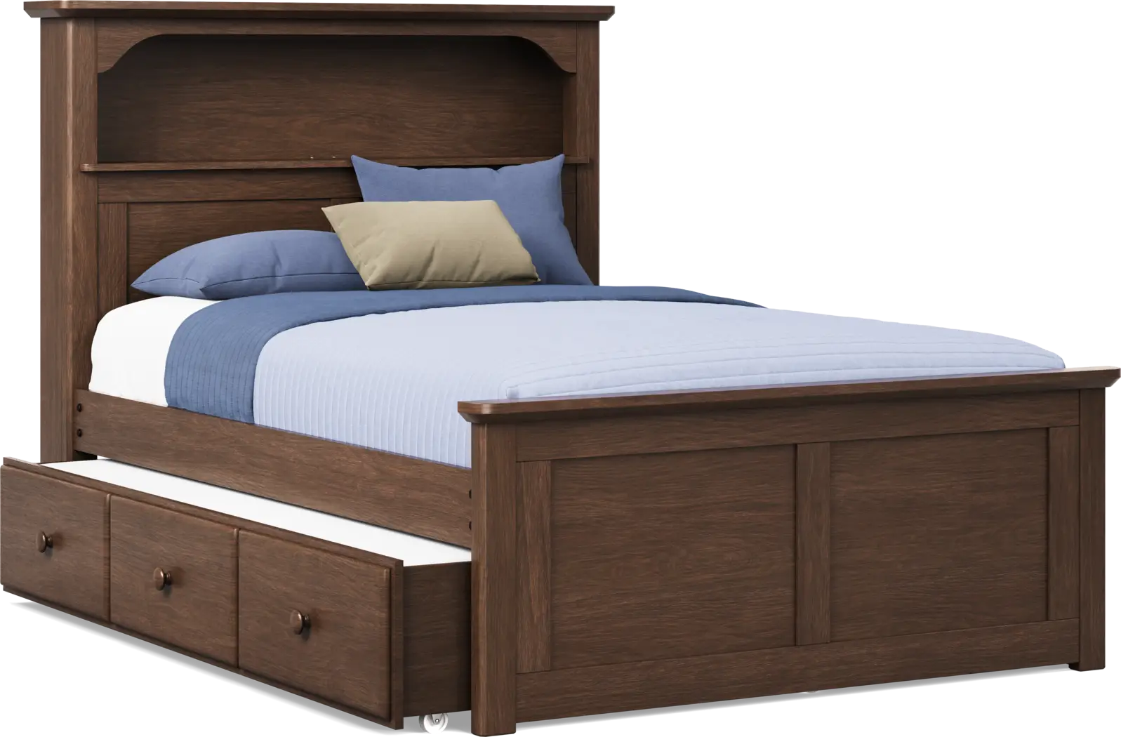 Kids South Bend Brown Cherry 4 Pc Full Bookcase Bed with Storage Side Rail and Twin Storage Trundle - Thumbnail - Image 1