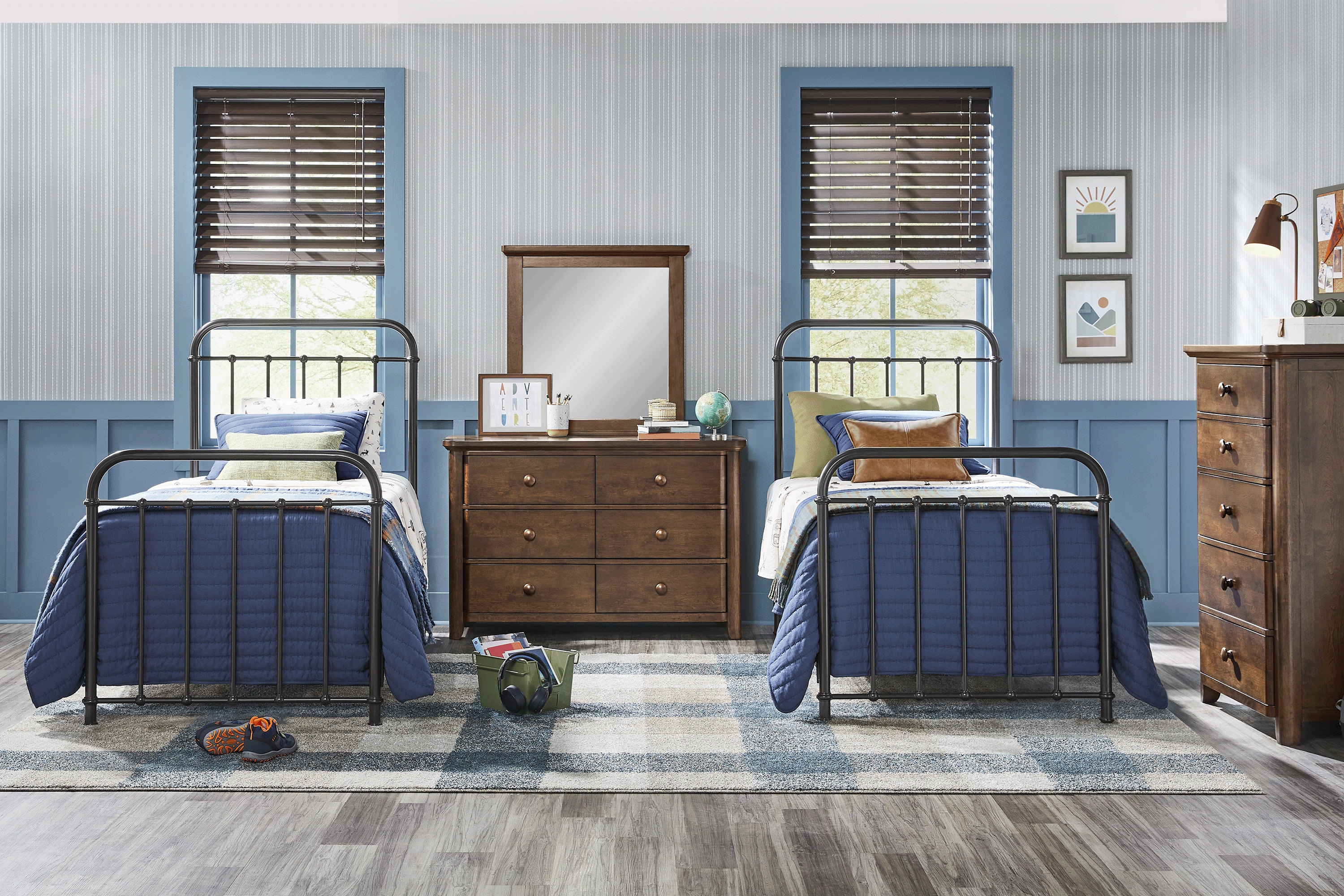 Kids South Bend Brown Cherry Bedroom with 2 Saddlerock Dark Gray Twin Metal Beds - Thumbnail - Image 1