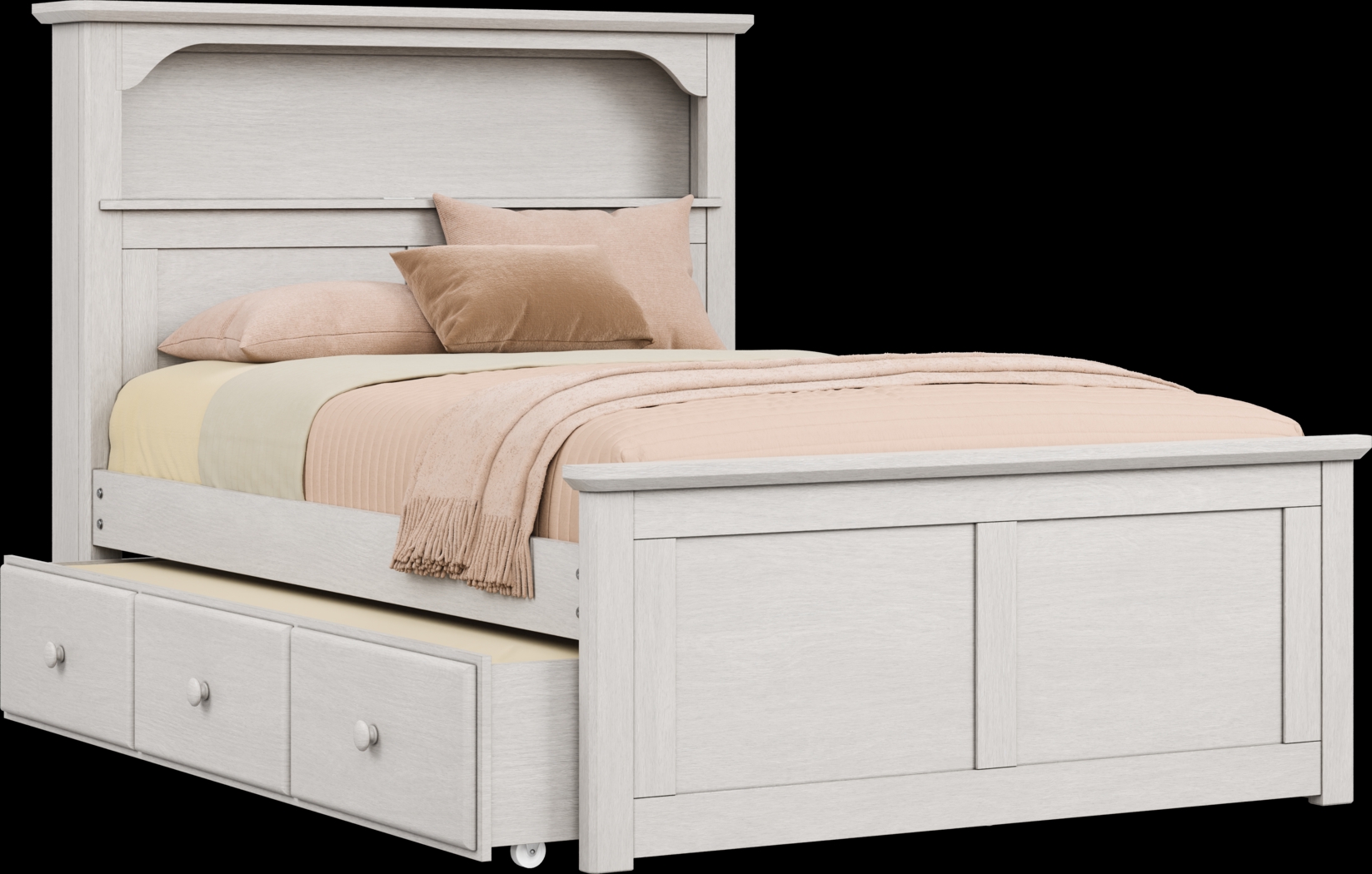 Kids South Bend Washed White 4 Pc Full Bookcase Bed with Storage Side Rail and Twin Storage Trundle - Thumbnail - Image 1