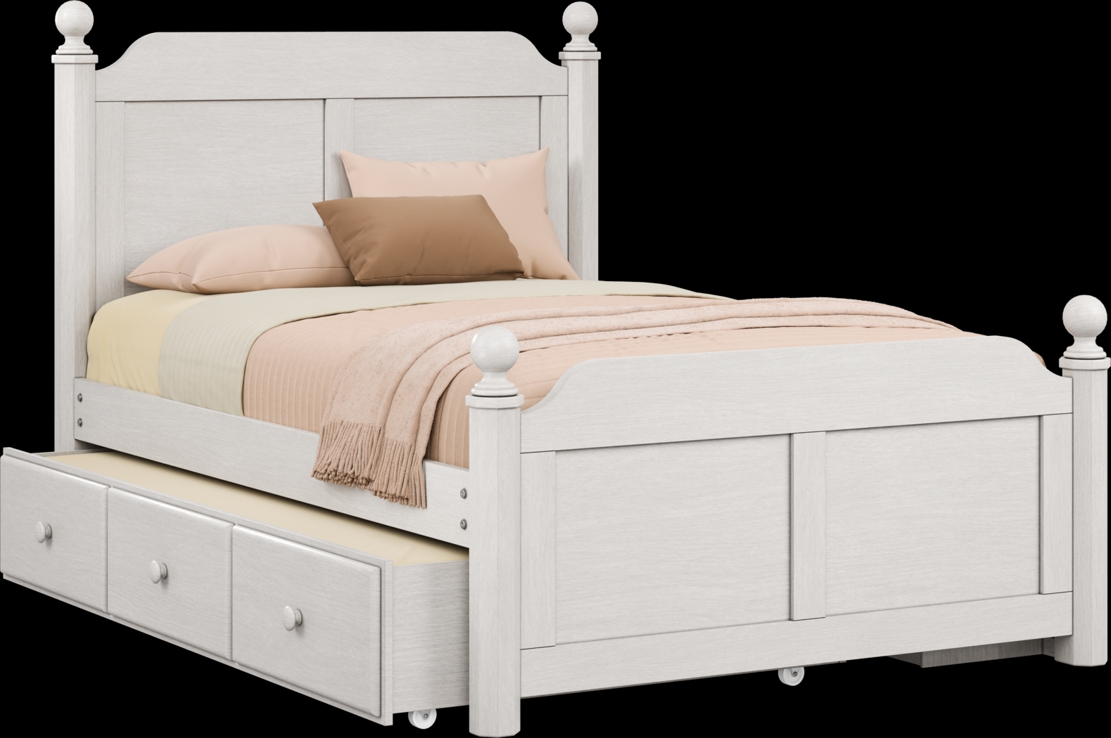 Kids South Bend Washed White 4 Pc Full Poster Bed with Storage Side Rail and Twin Storage Trundle - Thumbnail - Image 1