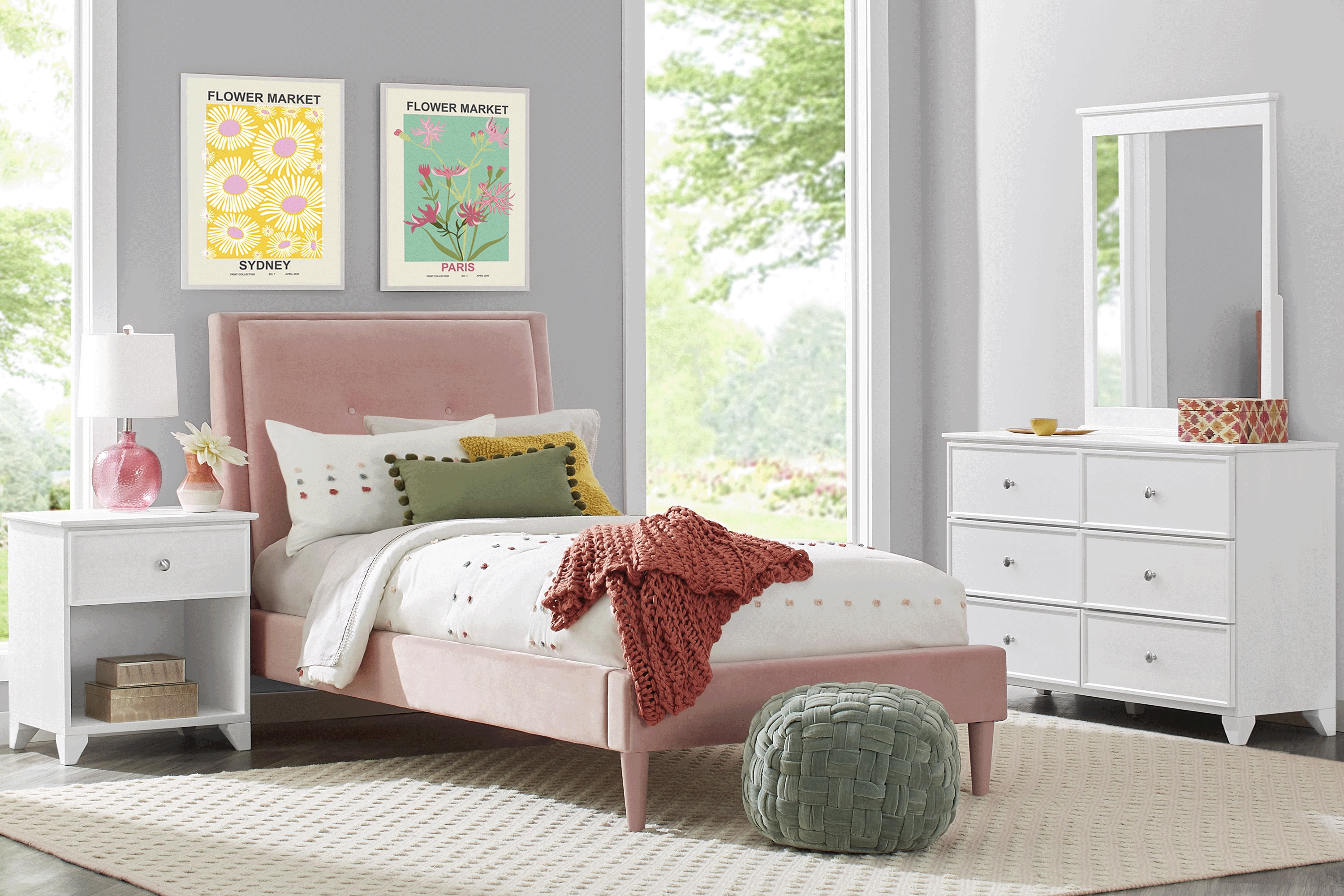 Kids Springtown White Wash 5 Pc Bedroom with Jaidyn Pink Full Upholstered Bed - Thumbnail - Image 1