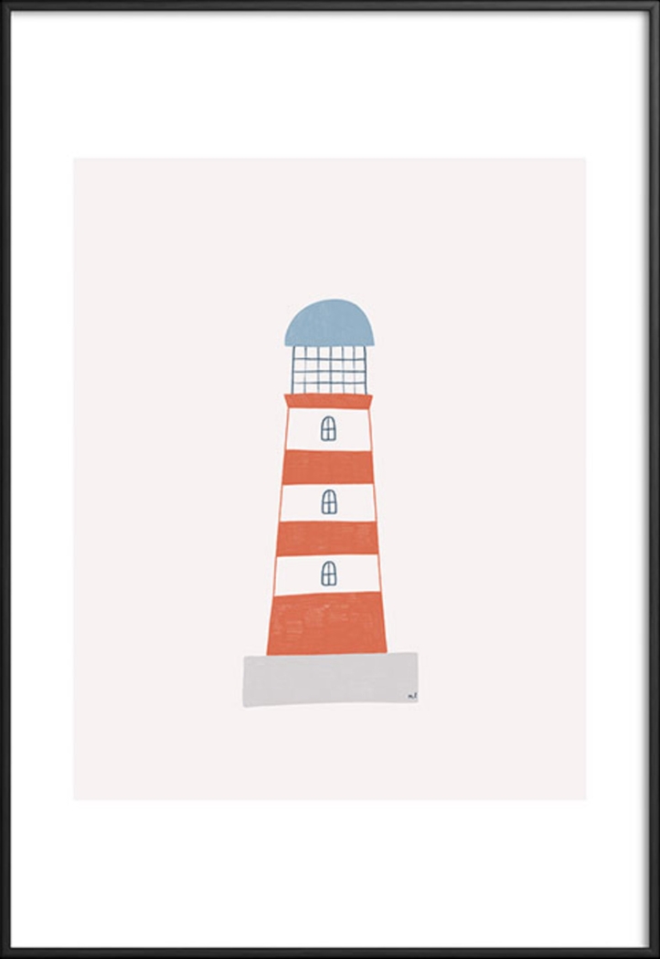 Kids Striped Lighthouse Beige Metal Framed Print - Thumbnail - Image 1