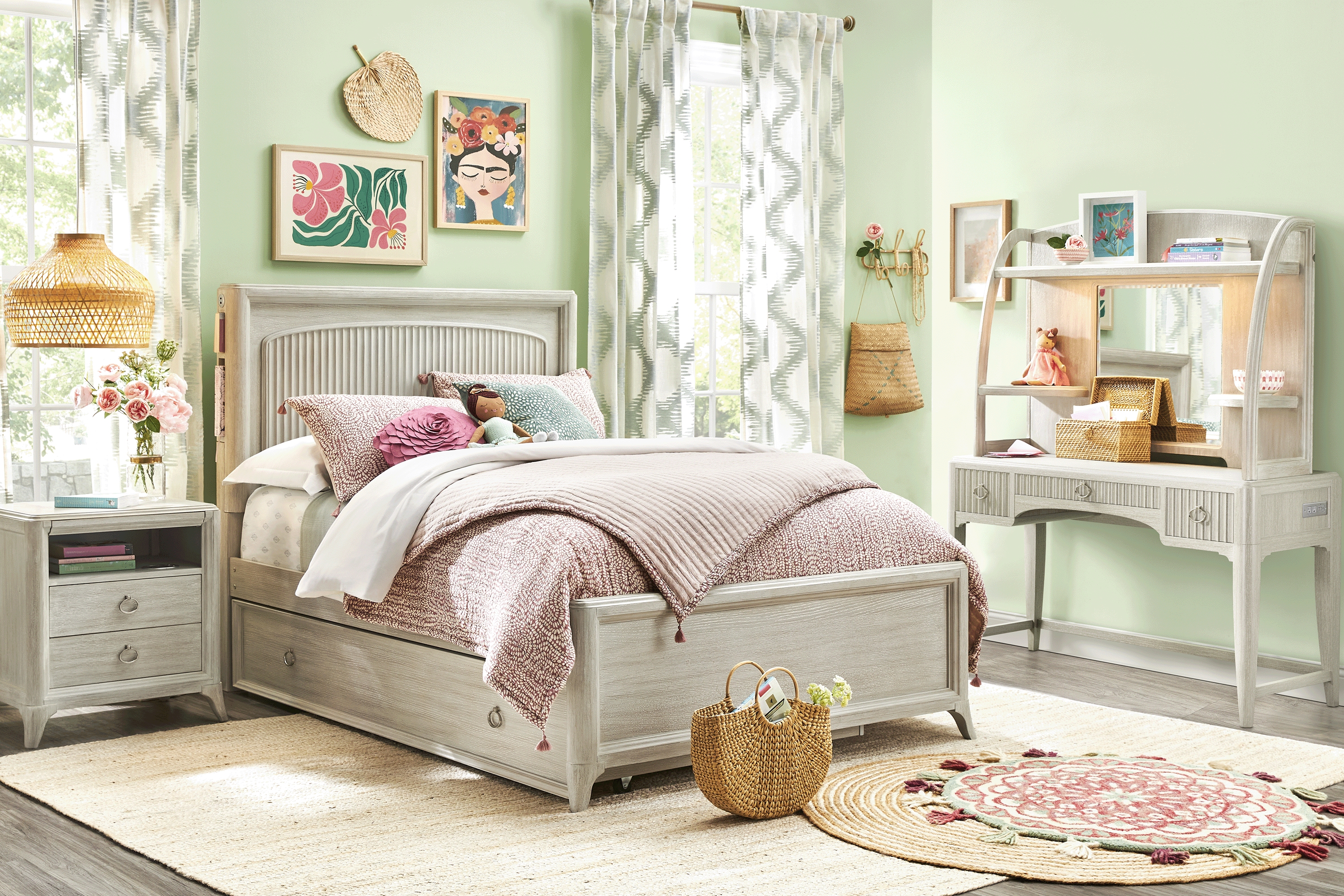 Kids Vivien Wirebrush Gray Vanity Desk and Hutch - Thumbnail - Image 2