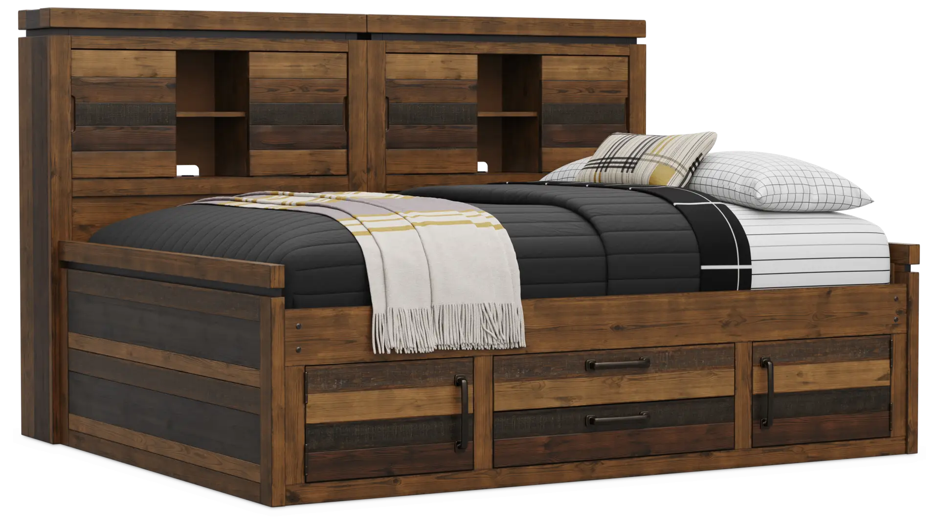brown 3 pc full bookcase wall bed with storage