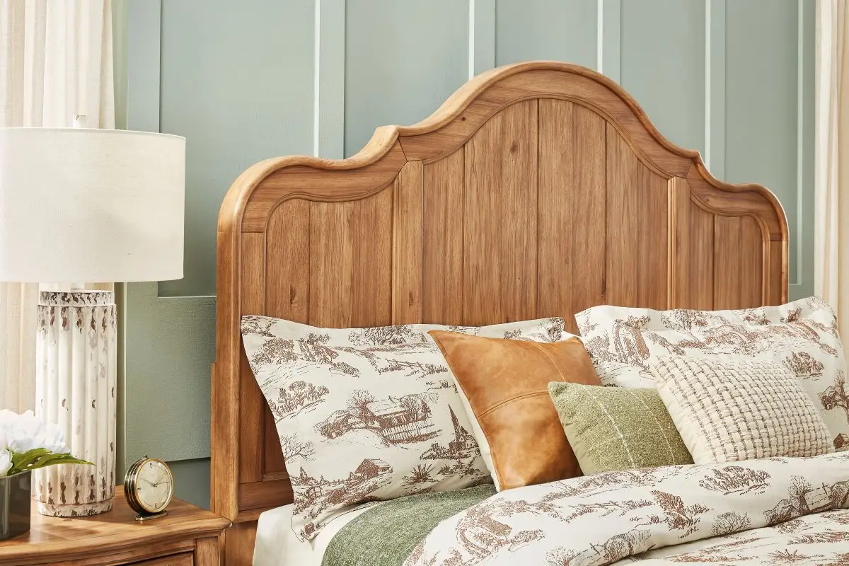 Rustic wooden headboard with lamp