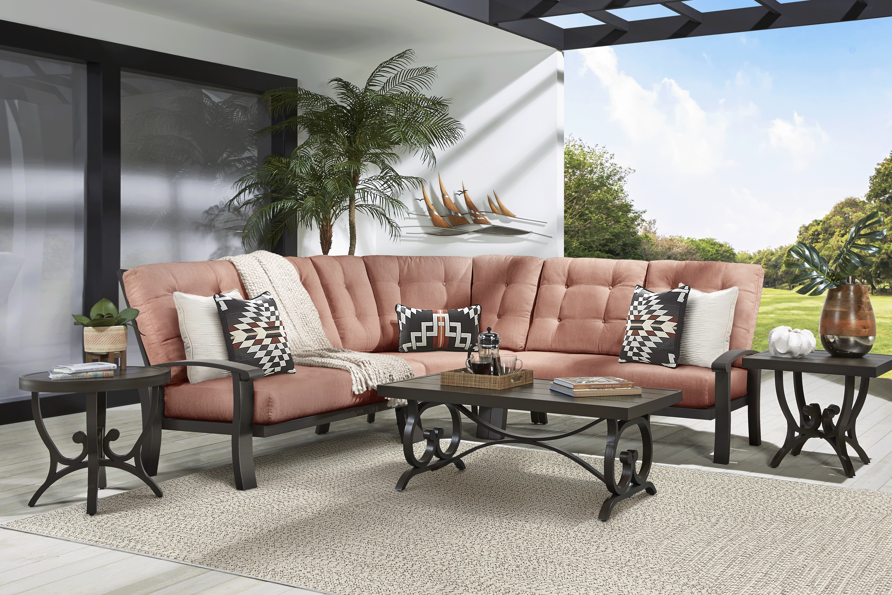 Lake Breeze Aged Bronze 3 Pc Outdoor Sectional with Terracotta Cushions - Thumbnail - Image 2