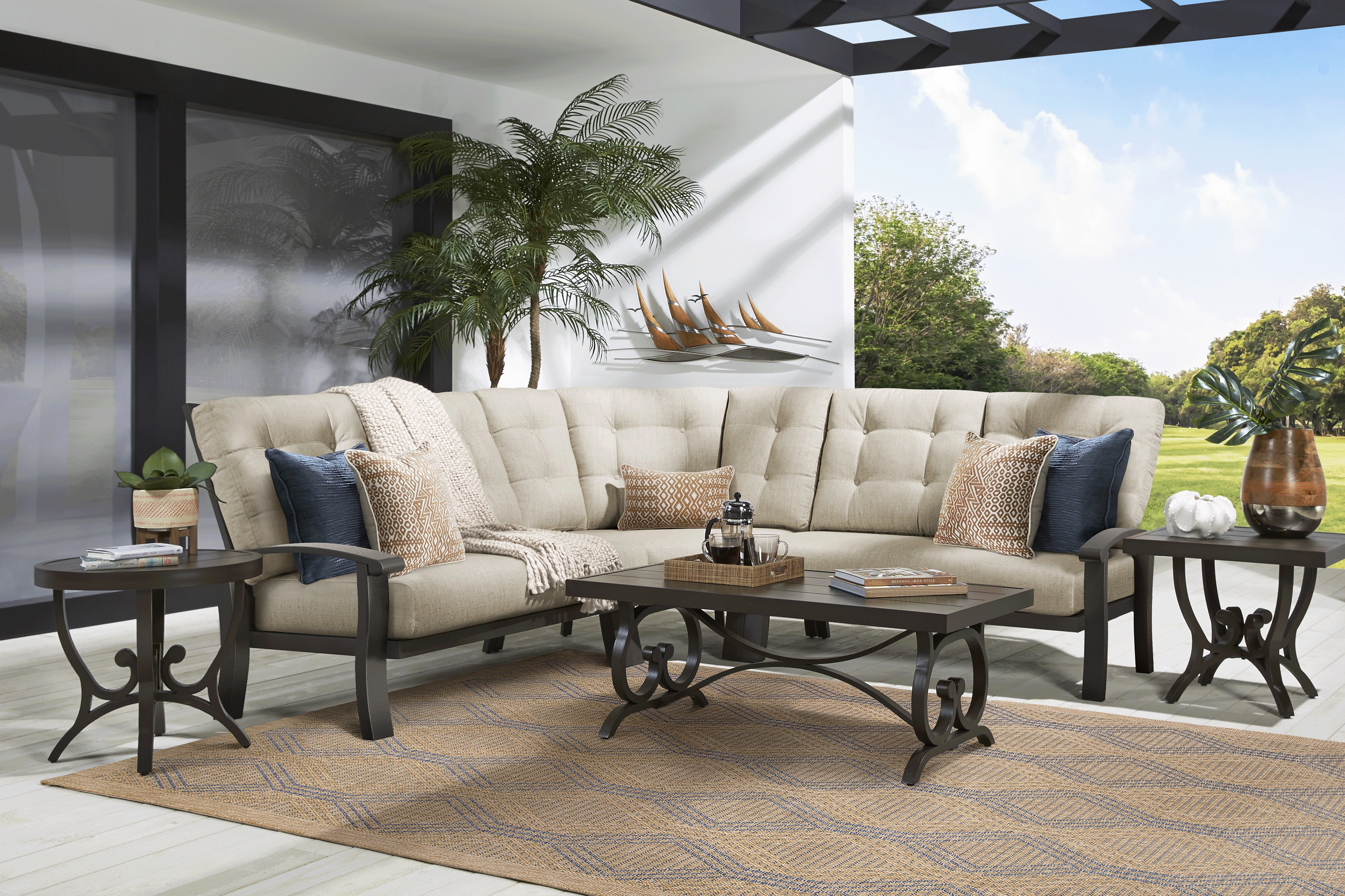 Lake Breeze Aged Bronze 3 Pc Outdoor Sectional with Wren Cushions - Thumbnail - Image 2