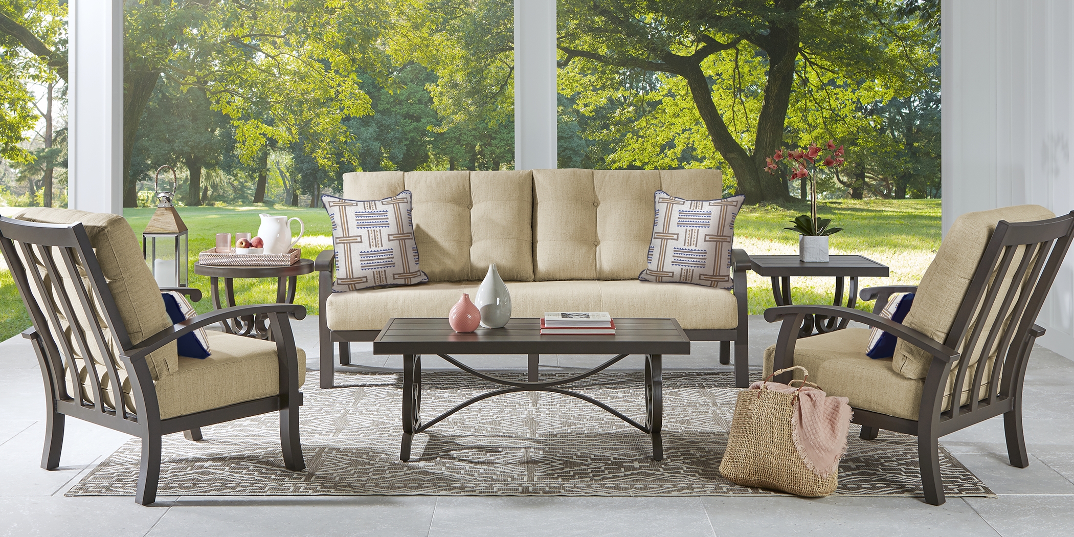 Lake Breeze Aged Bronze 4 Pc Outdoor Seating Set with Straw Cushions - Thumbnail - Image 1