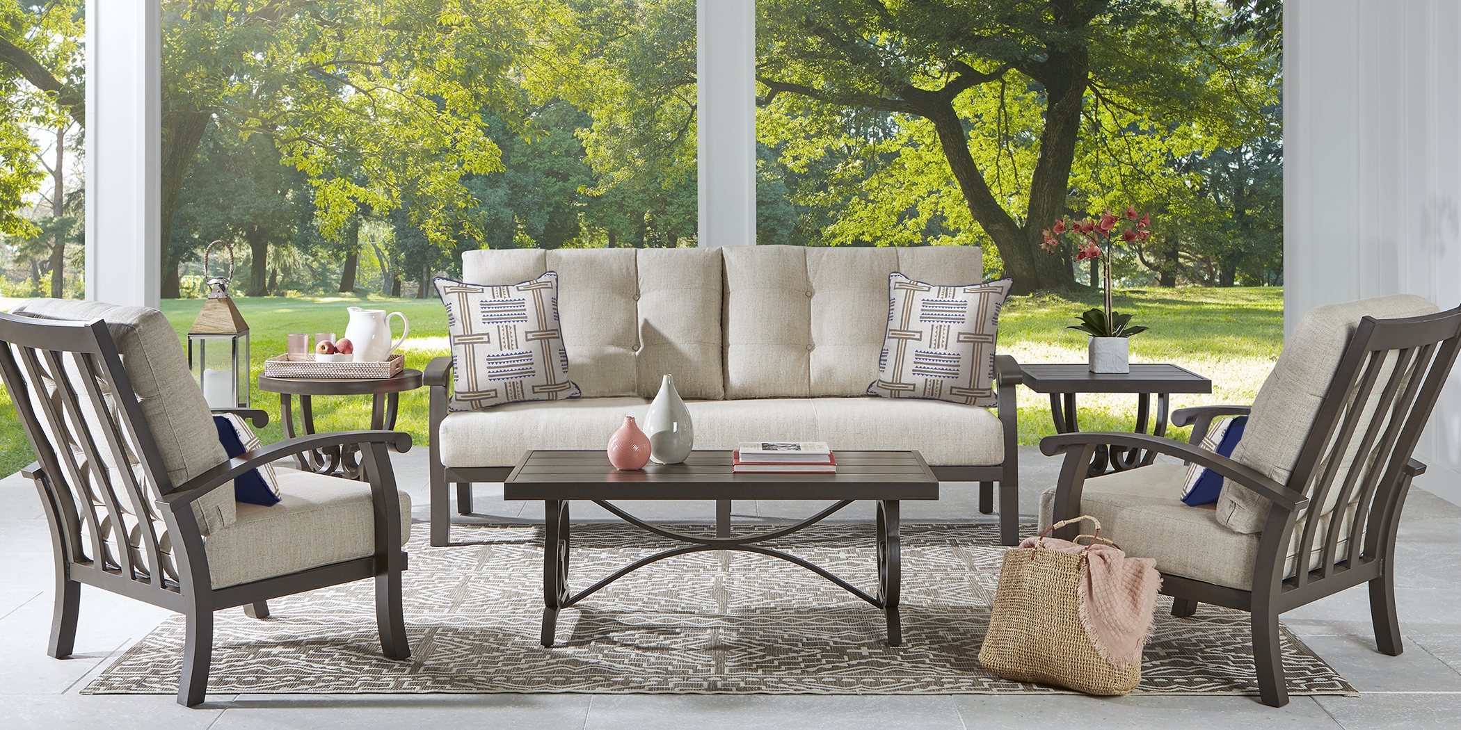 Lake Breeze Aged Bronze 4 Pc Outdoor Seating Set with Wren Cushions - Thumbnail - Image 1