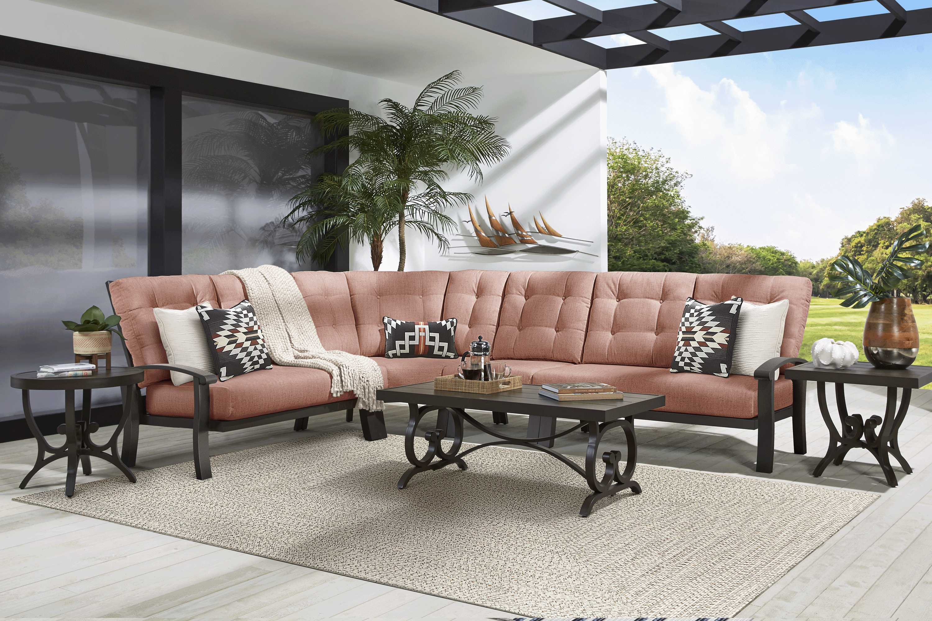Lake Breeze Aged Bronze 4 Pc Outdoor Sectional with Terracotta Cushions - Thumbnail - Image 2